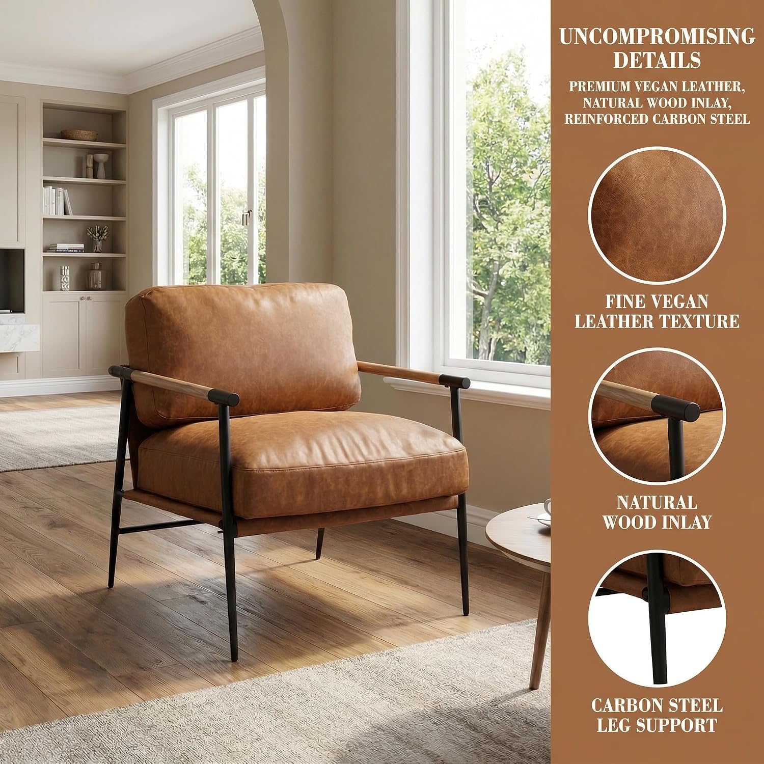 LukeAlon PU Leather Accent Chairs Set of 2 Brown Lounge Chairs with Metal Legs Modern Armchairs Upholstered Mid-Century Comfy Leisure Chair for Bedroom Living Room Reception Area