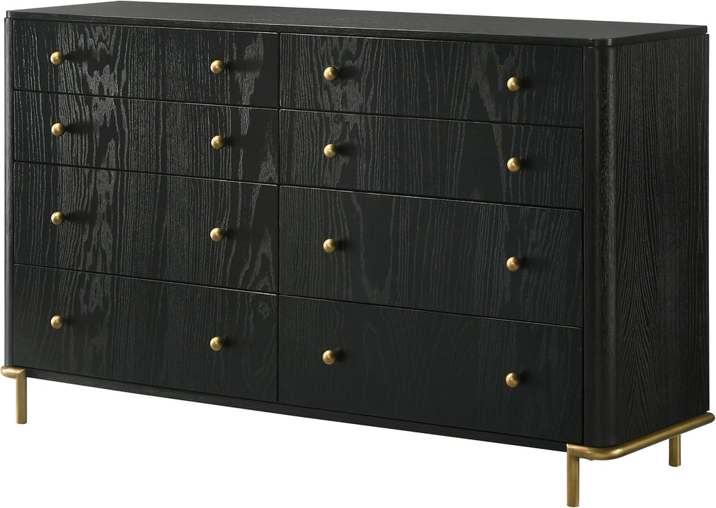 Coaster Home Furnishings - Arini - Wood - 8-Drawer Dresser with Felt-Lined Top, Round Ball Knobs, Metal Glides, Gold Base, Wire-Brushed Details, Coastal Style - Bedroom - Black - 224333