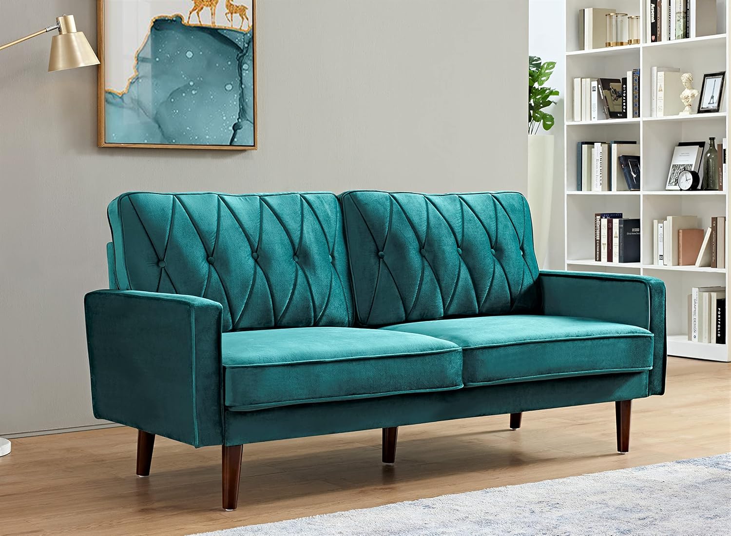 Container Furniture Modern Style Tufted Velvet Couches for Living Room with Soft Fabric Upholstery and Solid Wood Frame, 2 Piece Sofa and Loveseat Set, Green