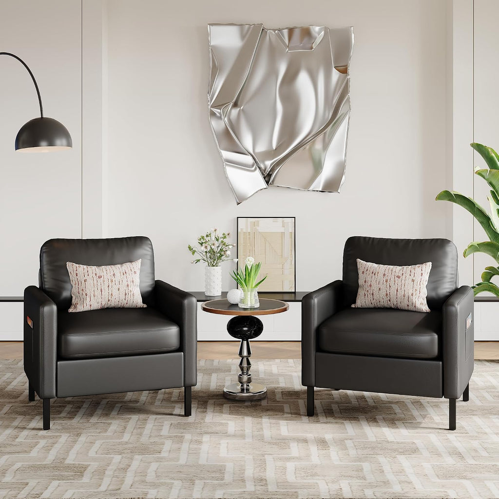 STHOUYN Black Faux Leather Accent Chair with Arms, Modern Small Accent Office Chair, Waiting Room Chairs for Living Room Bedroom with Metal Legs (1, Black)