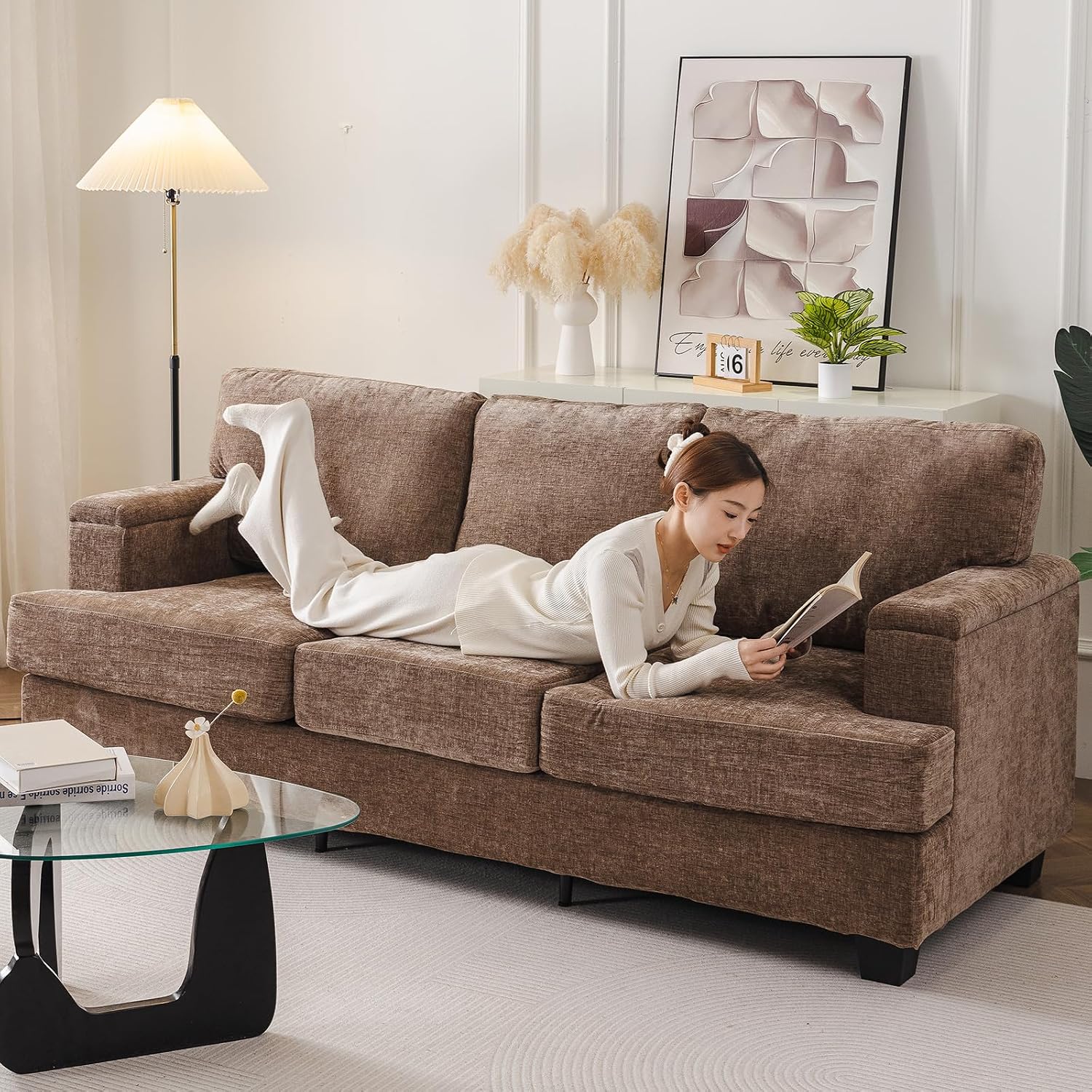 85'' L Shaped Couch with Armrest Organizer,3 Seats Sofas with Movable Ottoman,Comfy Sectional Sofa with Thick Cushion,Chenille Sectional Couches for Living Room,Bedroom,Apartment,Home Furniture,Brown