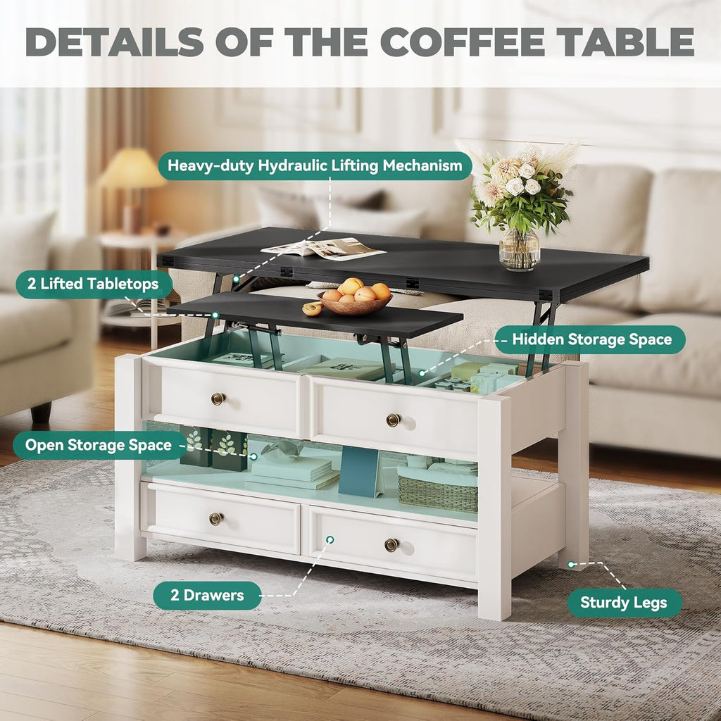 DWVO Lift Top Coffee Table, Multi-Functional Convertible Coffee Table with Drawers and Hidden Storage, Dining Table for Living Room, Home Office