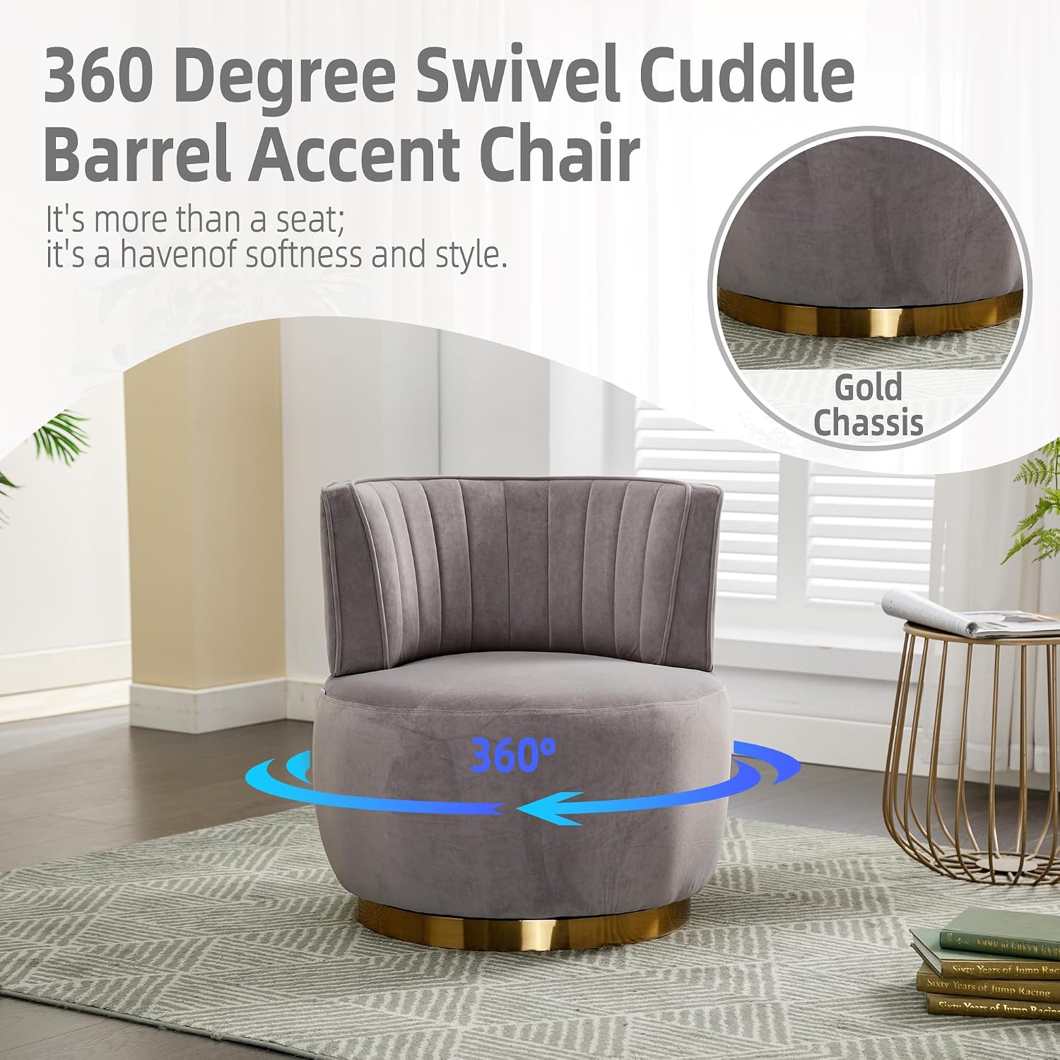 KEIKI Swivel Barrel Accent Chair, 360 Degree Rotating Upholstered Armchair with Velvet Fabric for Living Room, Office, Bedroom, Grey