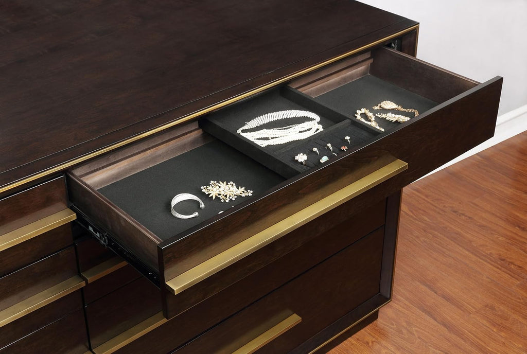 Coaster Home Furnishings - Durango - Wood - 8-Drawer Dresser with Metallic Pulls, Metal Extension Glide, and Felt-Lined Top, Contemporary Style - Smoked Peppercorn - 223263
