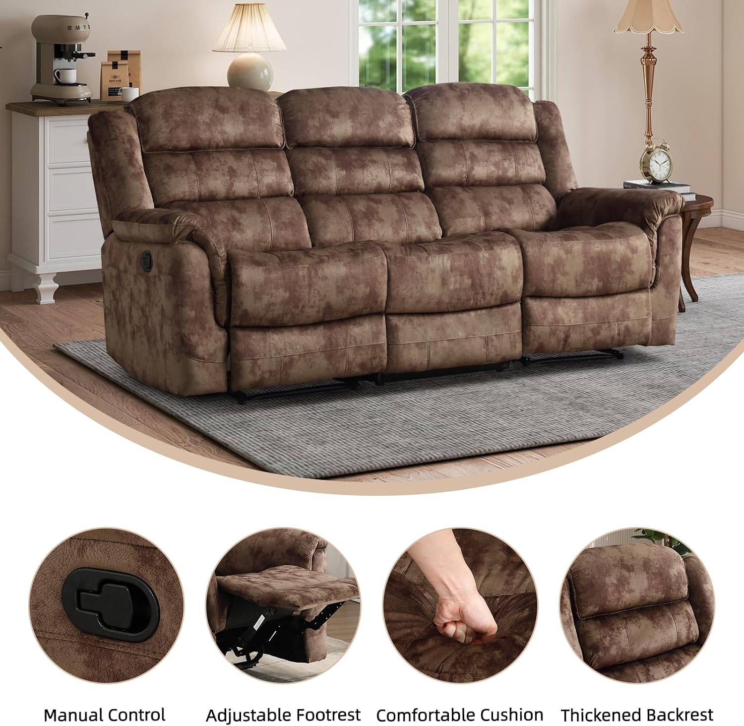 EBELLO 3 Pieces Reclining Living Room Set, Soft Fabric Manual Recliner Sofa Furniture Set, Includes 2 Overstuffed Recliner Chairs and one 3 Seat Sofa, Brown