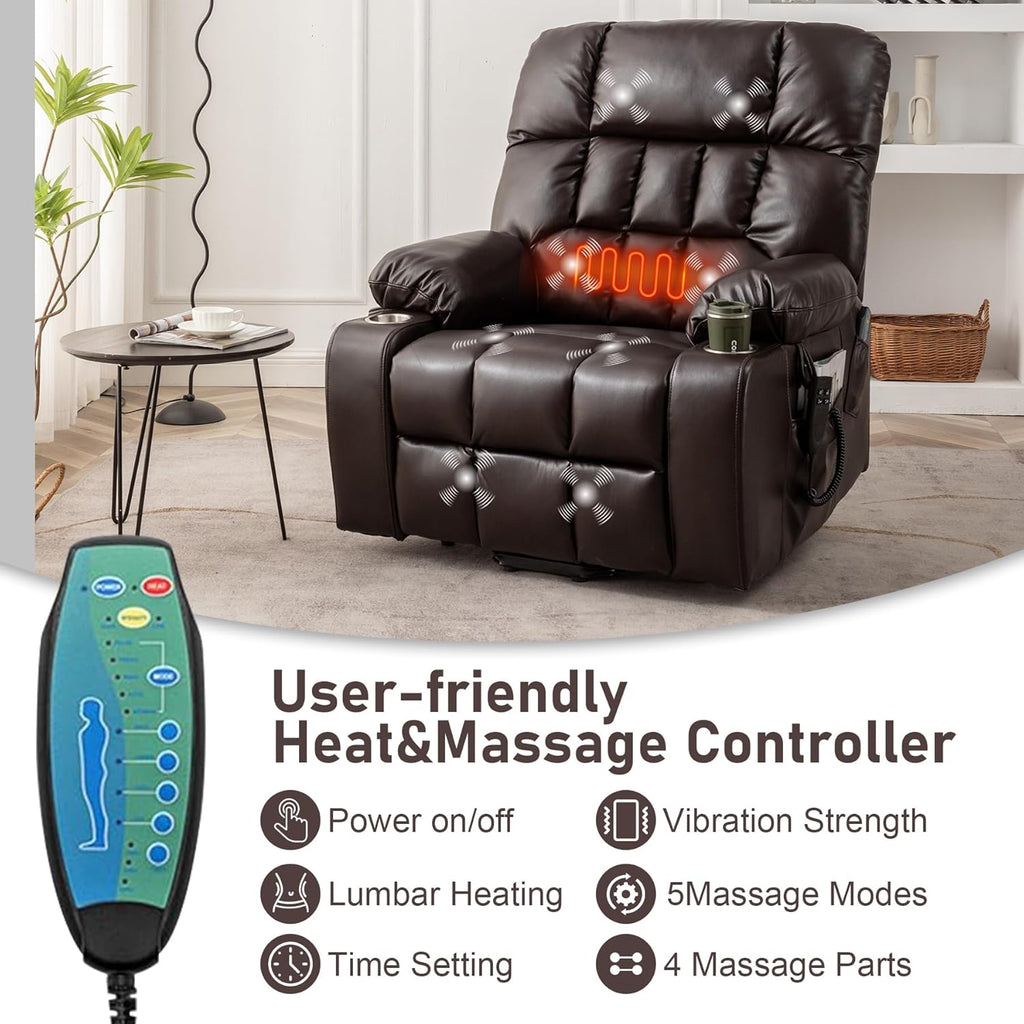 Oversized Power Recliner Chair for Big and Tall 400 LBS, 25.5' Extra Wide Electric Lift Chair with Heat and Massage, Dual Motor 180° Lay Flat Recliner Living Room Sofa, PU Leather Big Recliner