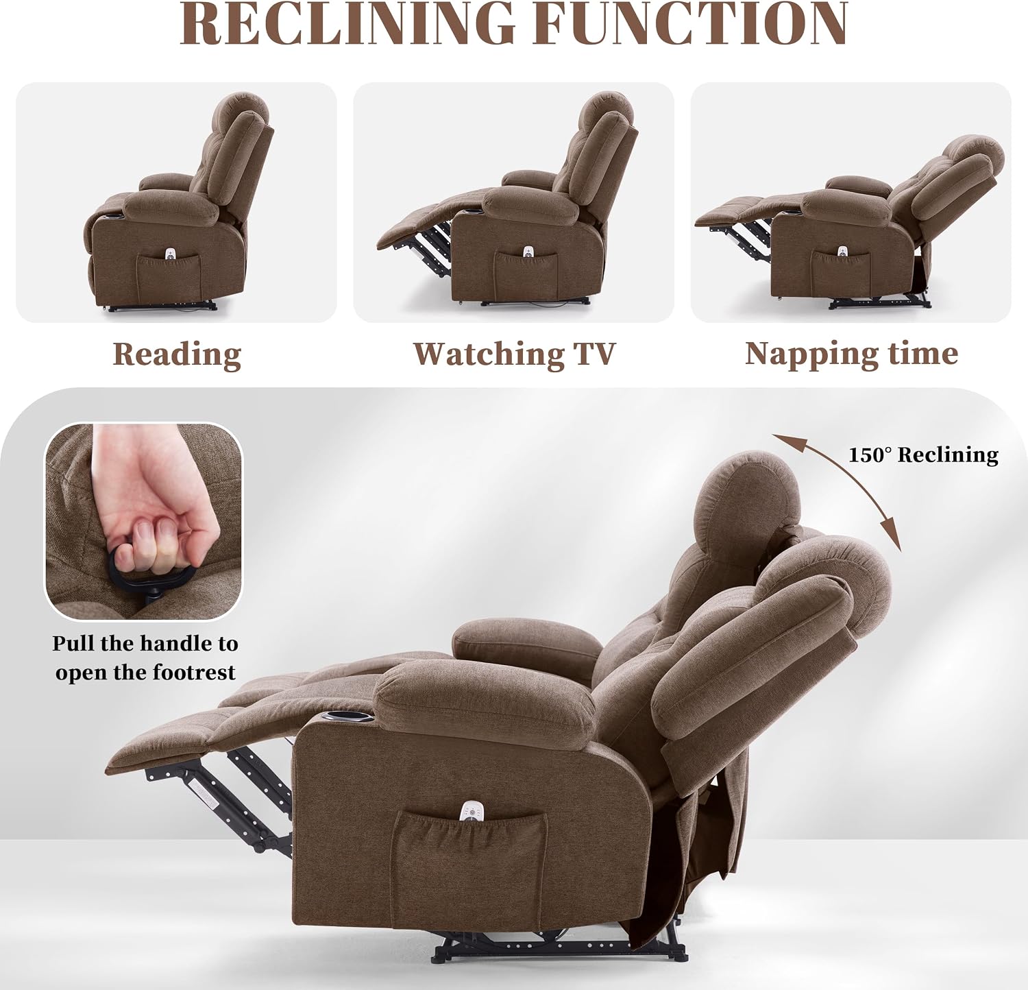 Weture Oversized Recliner Sofa with Heat and Massage, Wall-Hugger Reclining Sofa with Cup Holders and USB Port, Big Large 3-Seater RV Recliner Couch Sofa for Living Room (Fabric, Brown)