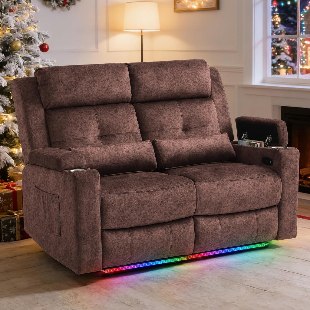 Power Reclining Loveseat with LED Lights/Arm Storage, Wall Hugger Loveseat Recliner with USB Ports, 2 Cushions, Power Loveseat Sofa for Living Room, Home, RV Camper(Brown, 2 Seat)