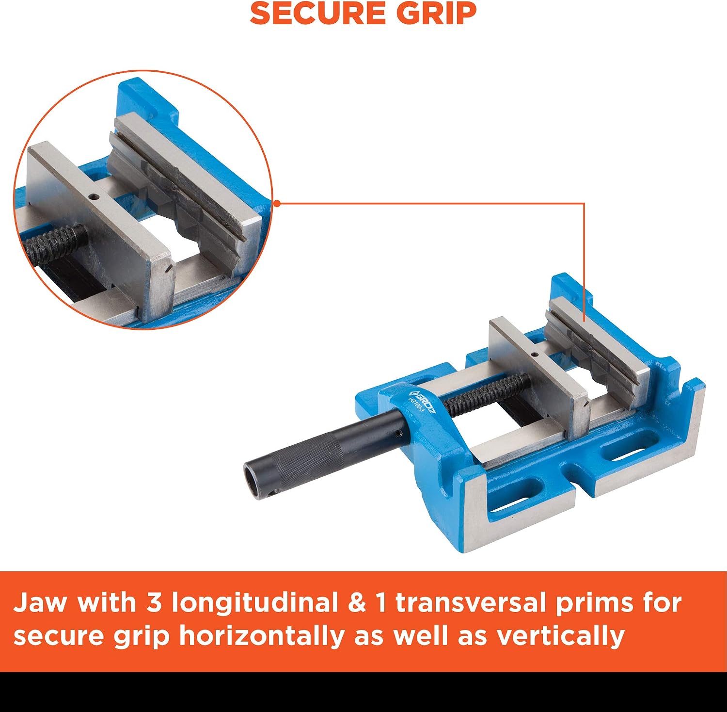 Groz Unigrip 4' 3-Way Drill Press Vise, 100mm Jaw, 3-1/2' Opening, Cast Iron with Precision-Ground Base, Side and End Faces, 4-Prism Fixed Jaw for Round Stock (35125)