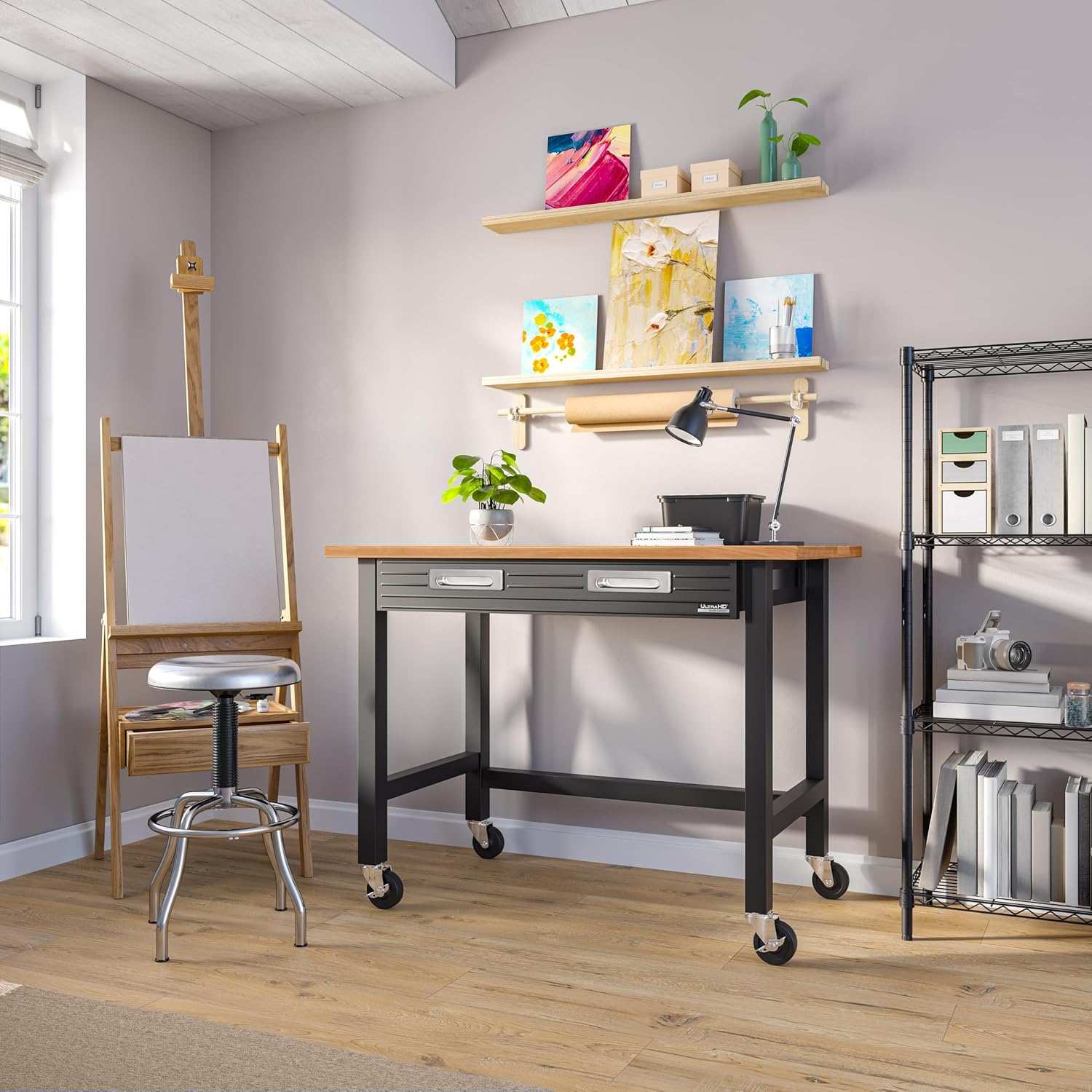 Seville Classics UltraGraphite Wood Top Workbench on Wheels with Sliding Organizer Drawer Table, 48', Graphite