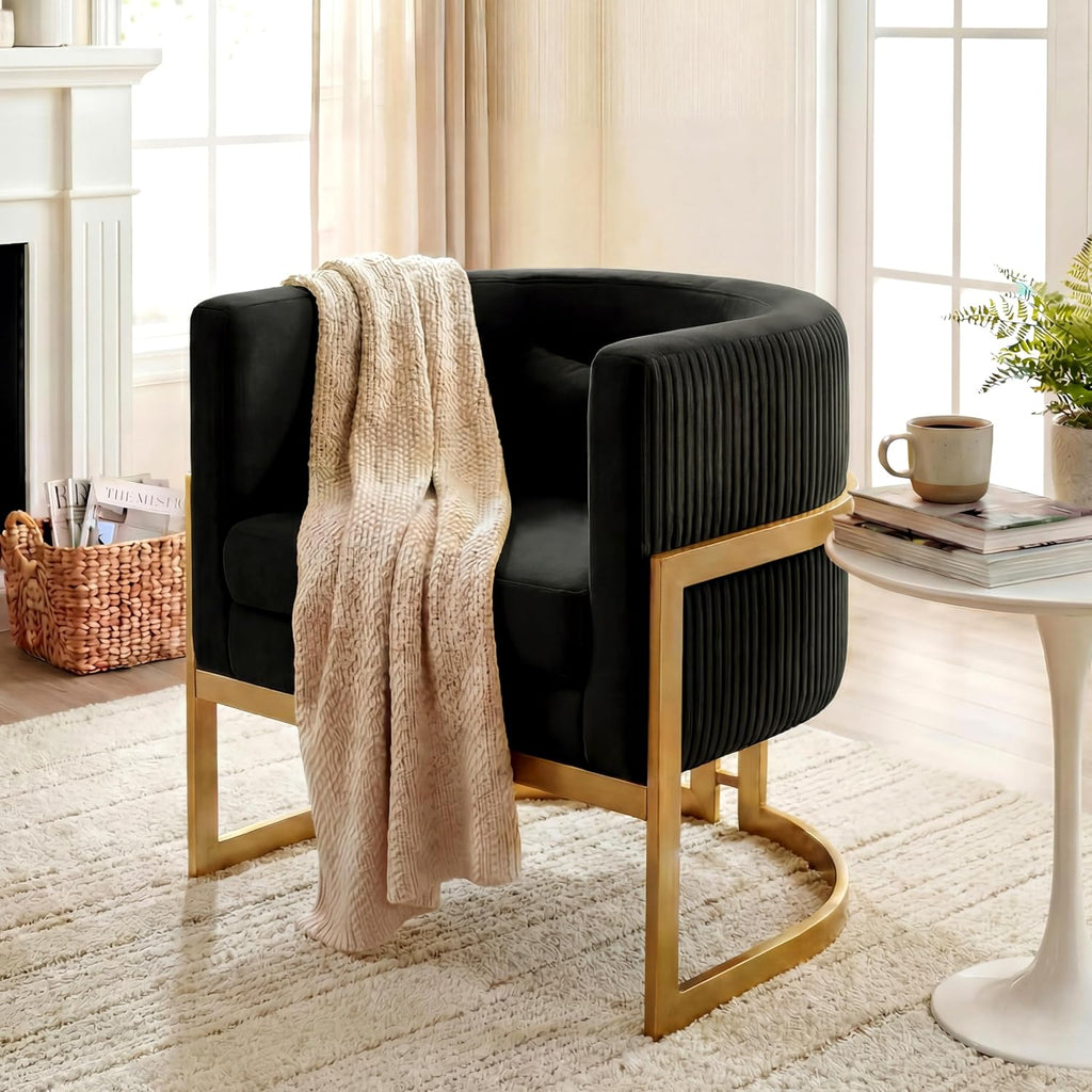 Velvet Accent Chair Black Modern Barrel Chair with Gold Legs Upholstered Armchair for Bedroom Living Room Sofa Chair Club Side Chairs