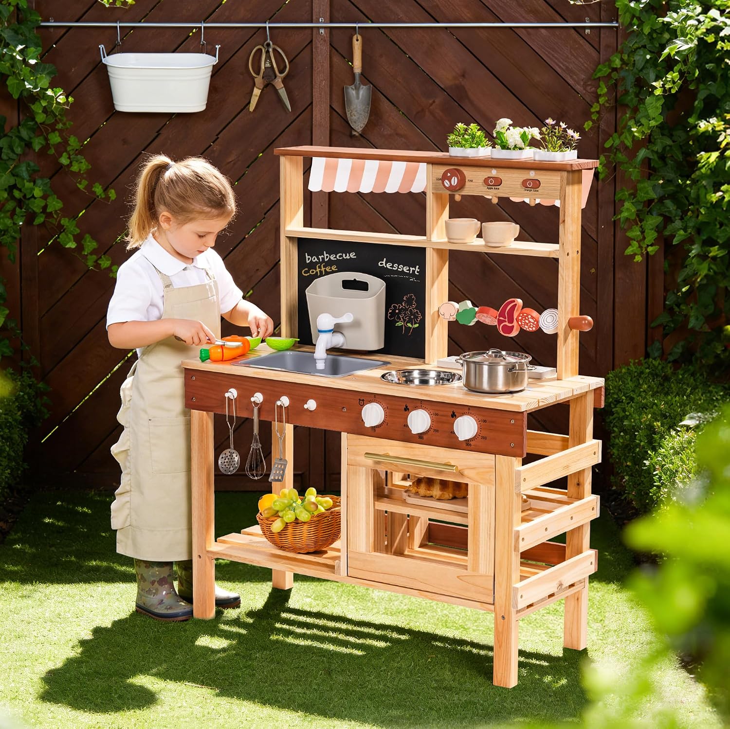 ROBOTIME Kids Mud Kitchen, Wooden Mud Kitchen for Kids Outdoor with Real Water Play Sink, BBQ Grill, Coffee Maker & Planting Station, Large Storage Outdoor Play Kitchen, Kitchen Toys for Ages 3+