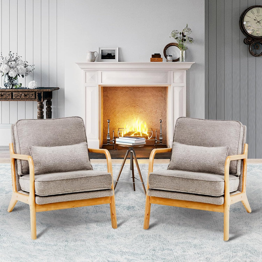 MALOL Mid-Century Accent Chair Set of 2 with Solid Wood Frame, Reading Relaxing Armchair Lumbar Pillow&Soft Cushion, Leisure Chair for Living Room, Bedroom, Waiting Room-Grey