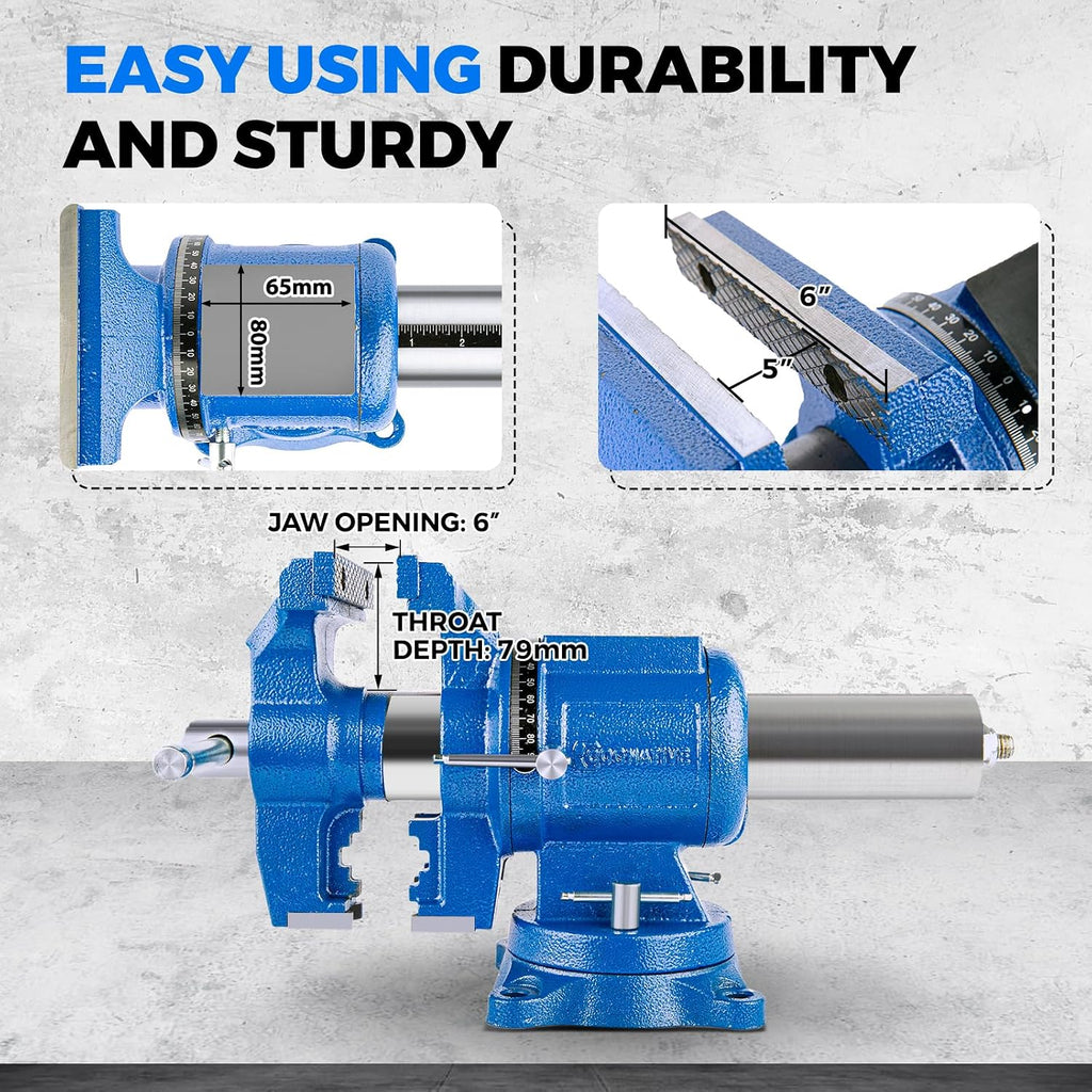 6-Inch Heavy Duty Bench Vise Ductile Iron Bench Vise 360° Multi-Purpose Bench Vice with Anvil, Clamp force 9900lbs, Blue Swivel Vise