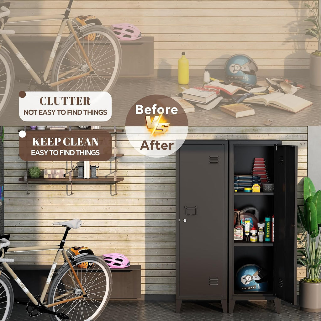 Locker Cabinet, 50' Black Small Metal Locker Storage Cabinet for Employees with Locking Door and 2 Shelves Kids Locker Tool File Cabinets for Bedroom, Home Office, Garage, Bathroom