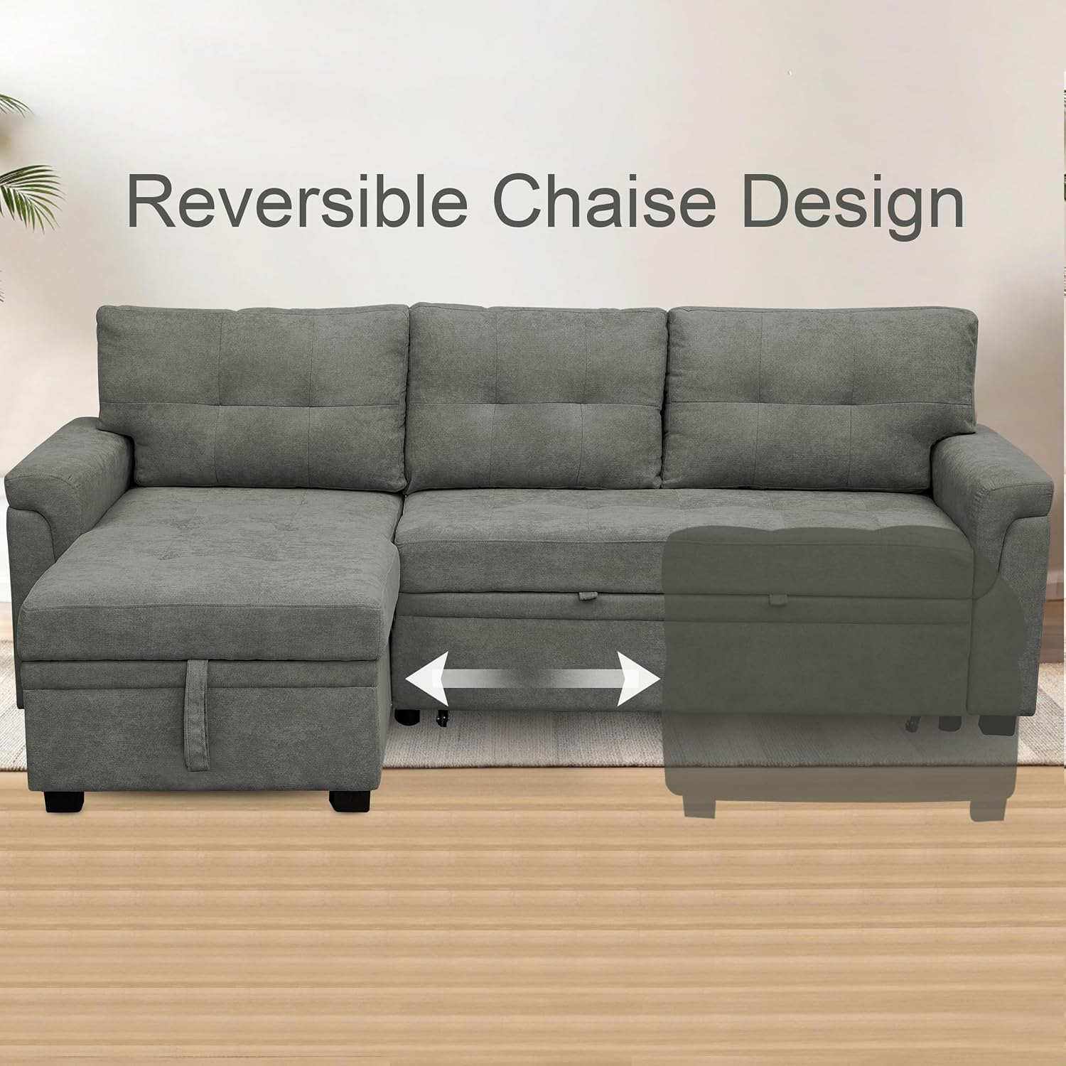Naomi Home L Shaped Sectional Couch with Storage & Pull Out Bed – 3-in-1 Convertible Sleeper Sofa Bed, Small L Shape Sofa for Living Room, Sofa Bed with Storage Chaise in Gray, Velvet