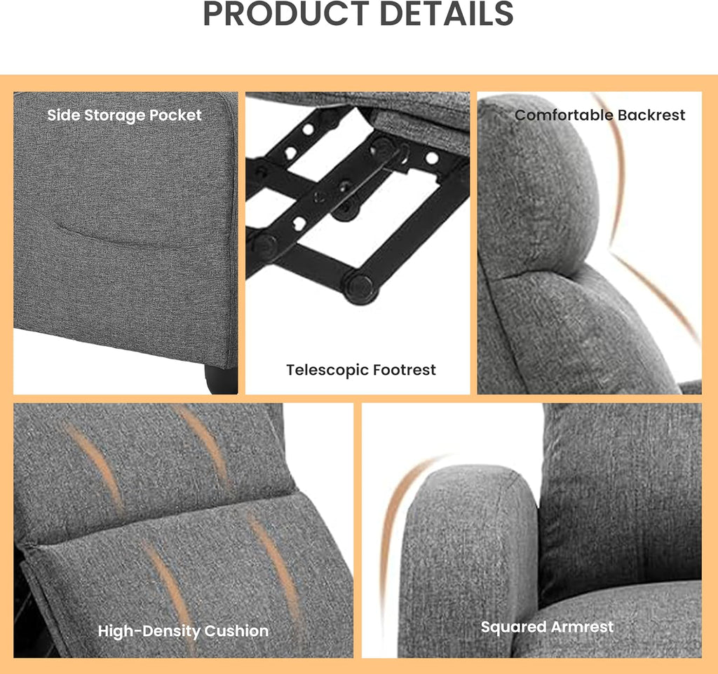 HealSmart Adjustable Push Back Recliner Chair, Soft Fabric Lounge Sofa for Reading & Relaxing, Perfect Home Theater Chair for Living Room & Bedroom, Grey