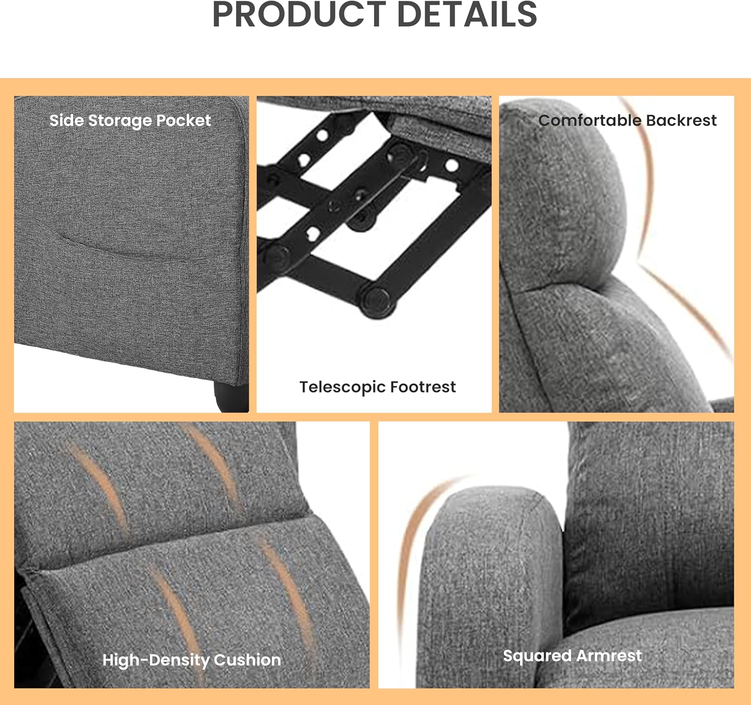 HealSmart Adjustable Push Back Recliner Chair, Soft Fabric Lounge Sofa for Reading & Relaxing, Perfect Home Theater Chair for Living Room & Bedroom, Grey