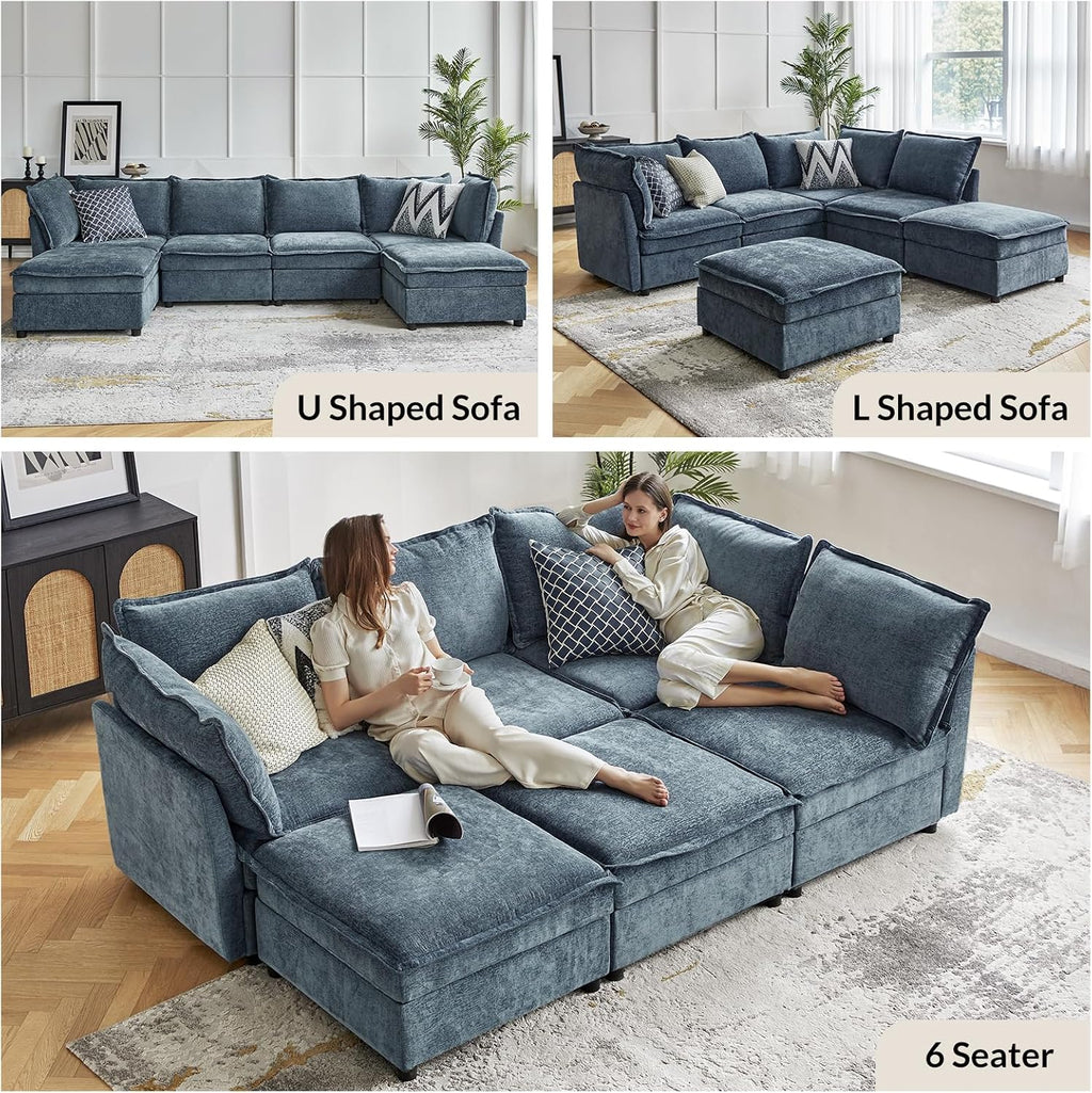 HULALA HOME 97'' Modular Sectional Sofa, L Shaped Couch with Storage Ottoman, Comfy Chenille Sofa with Deep Seat, 4 Seat Convertible Sectional Couches for Living Room, Blue