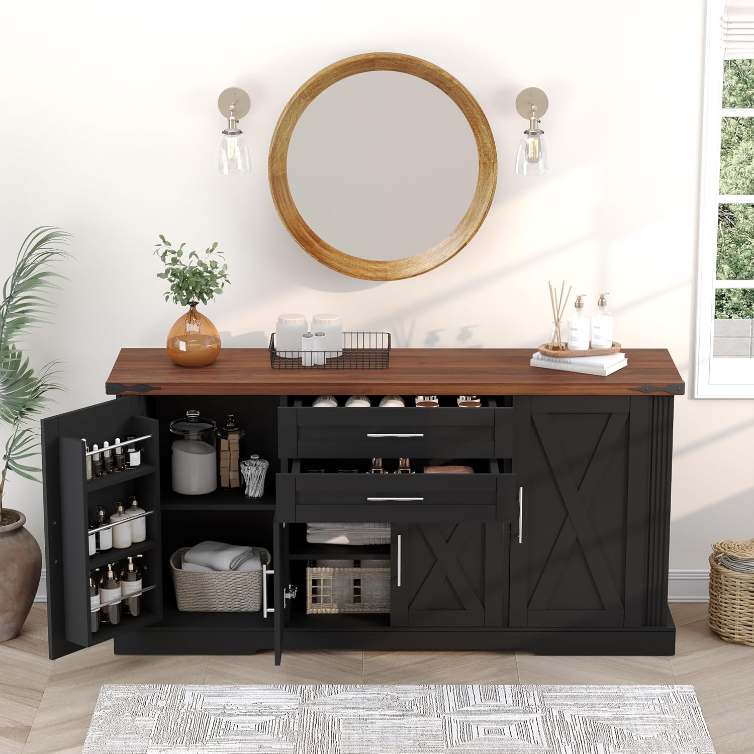 RiteSune 63' Farmhouse Buffet Sideboard Cabinet, Large Kitchen Sideboard Storage with 2 Drawers and 4 Doors, Buffet Table for Dining Room, Living Room, Black