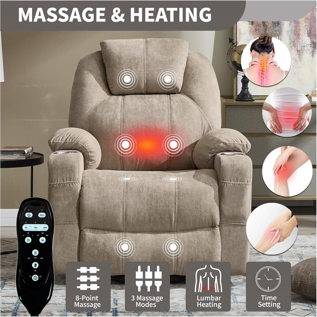 KEIKI Large Dual Motor Power Lift Recliner Chair for Adults, Polyester Rocking Chair with Back Massager and Heated, USB and Type-C Ports, Cup Holders, Comfy Reading Sofa Chair for Living Room, Khaki