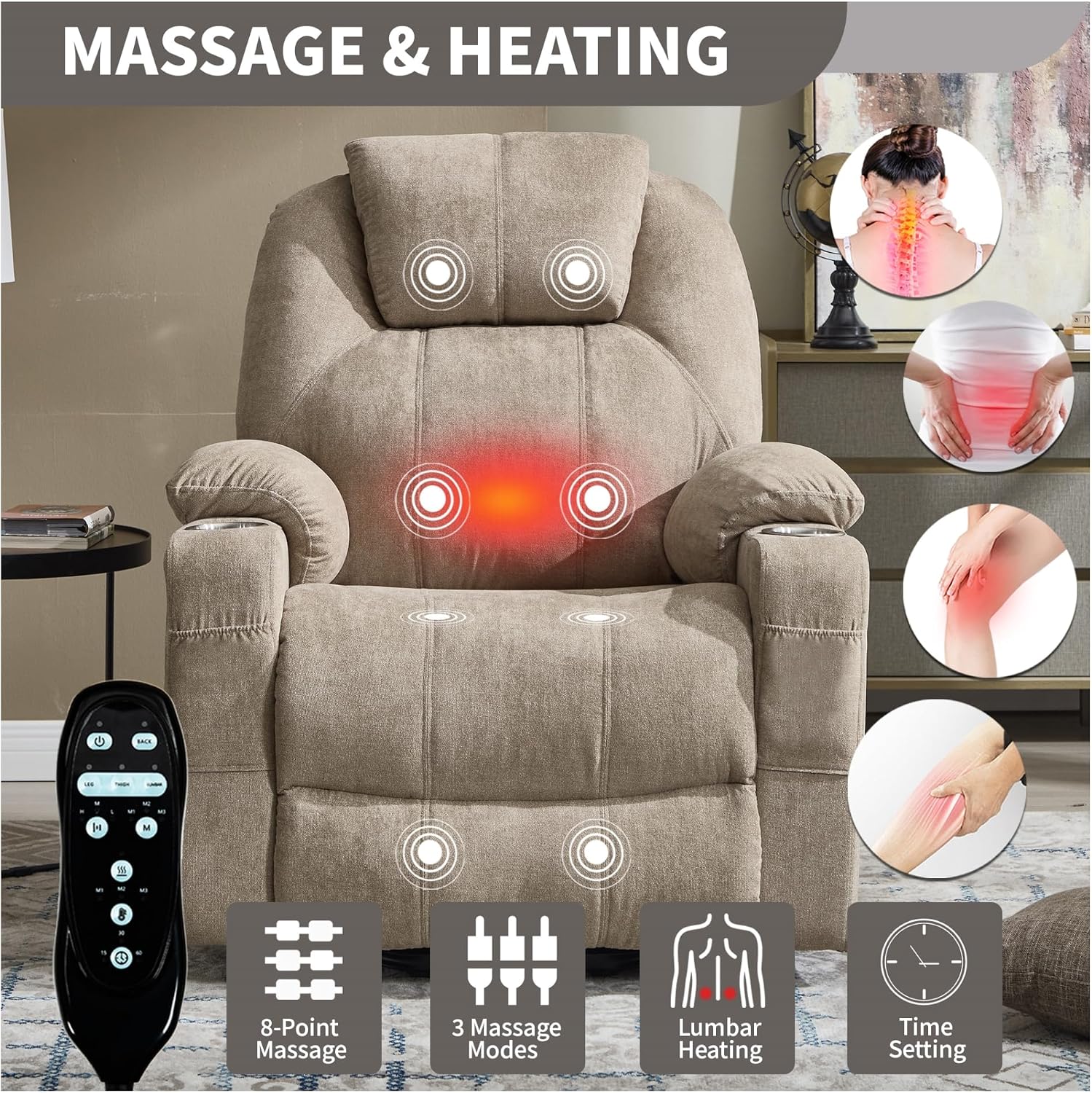 KEIKI Large Dual Motor Power Lift Recliner Chair for Adults, Polyester Rocking Chair with Back Massager and Heated, USB and Type-C Ports, Cup Holders, Comfy Reading Sofa Chair for Living Room, Khaki