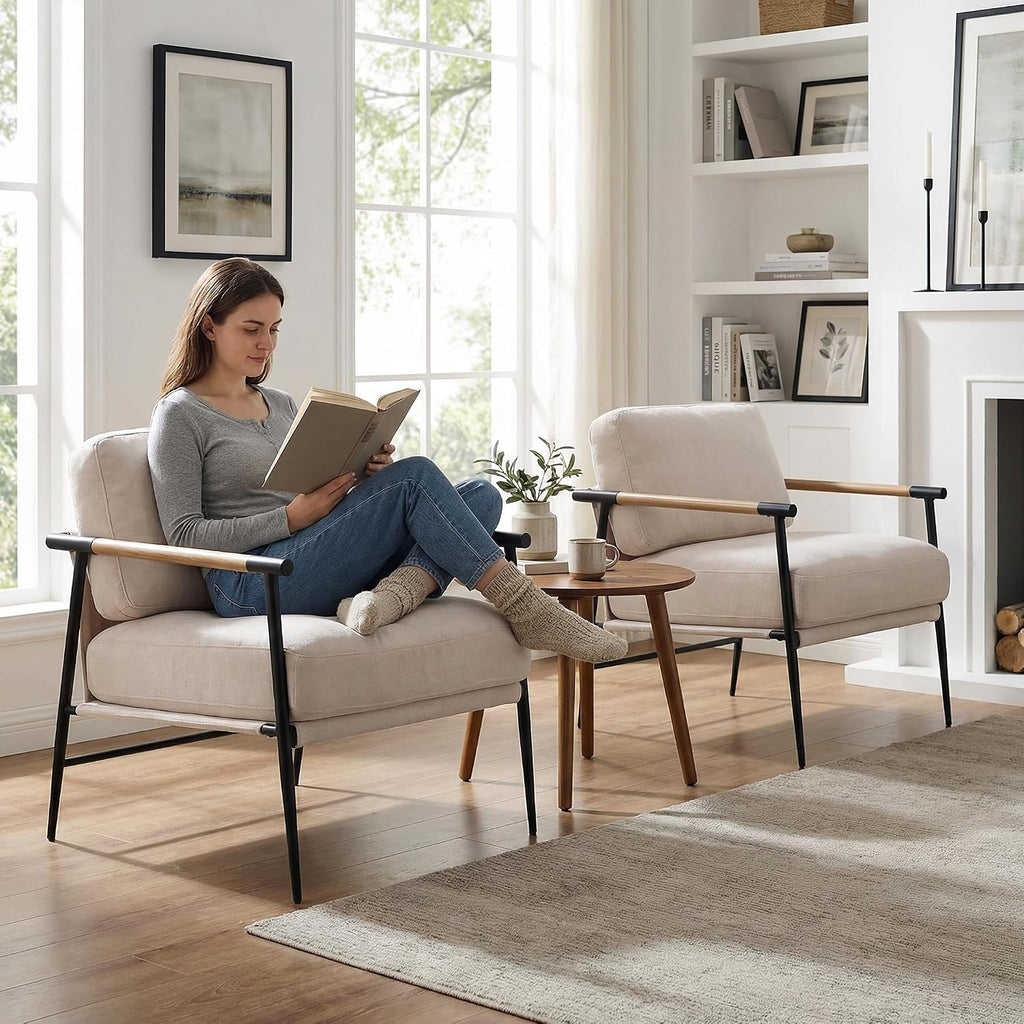 LukeAlon Mid Century Chenille Accent Chairs Set of 2, Ultra Soft Living Room Chairs with Metal Legs Modern Armchair Lounge Chairs Upholstered Comfy Leisure Chair for Bedroom Reception Area, Beige