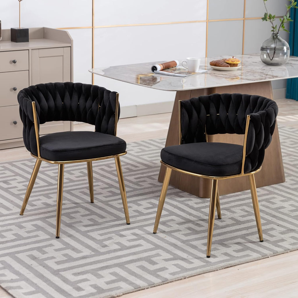 KCC Velvet Dining Chairs Set of 2, Gold Modern Dining Chair with Metal Legs, Woven Upholstered Dining Chairs for Dining Room, Kitchen, Vanity, Living Room (Black)