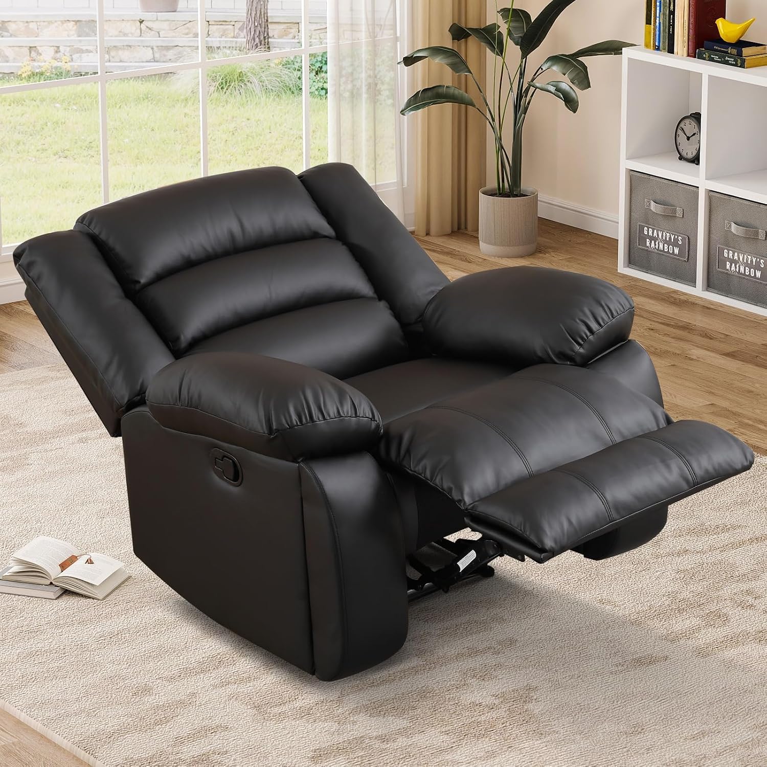 EBELLO Manual Recliner Chair, Faux Leather Reclining Chair with Hidden Cup Holders, Overstuffed Armrests and Back, Manual Single Sofa for Adult, Black