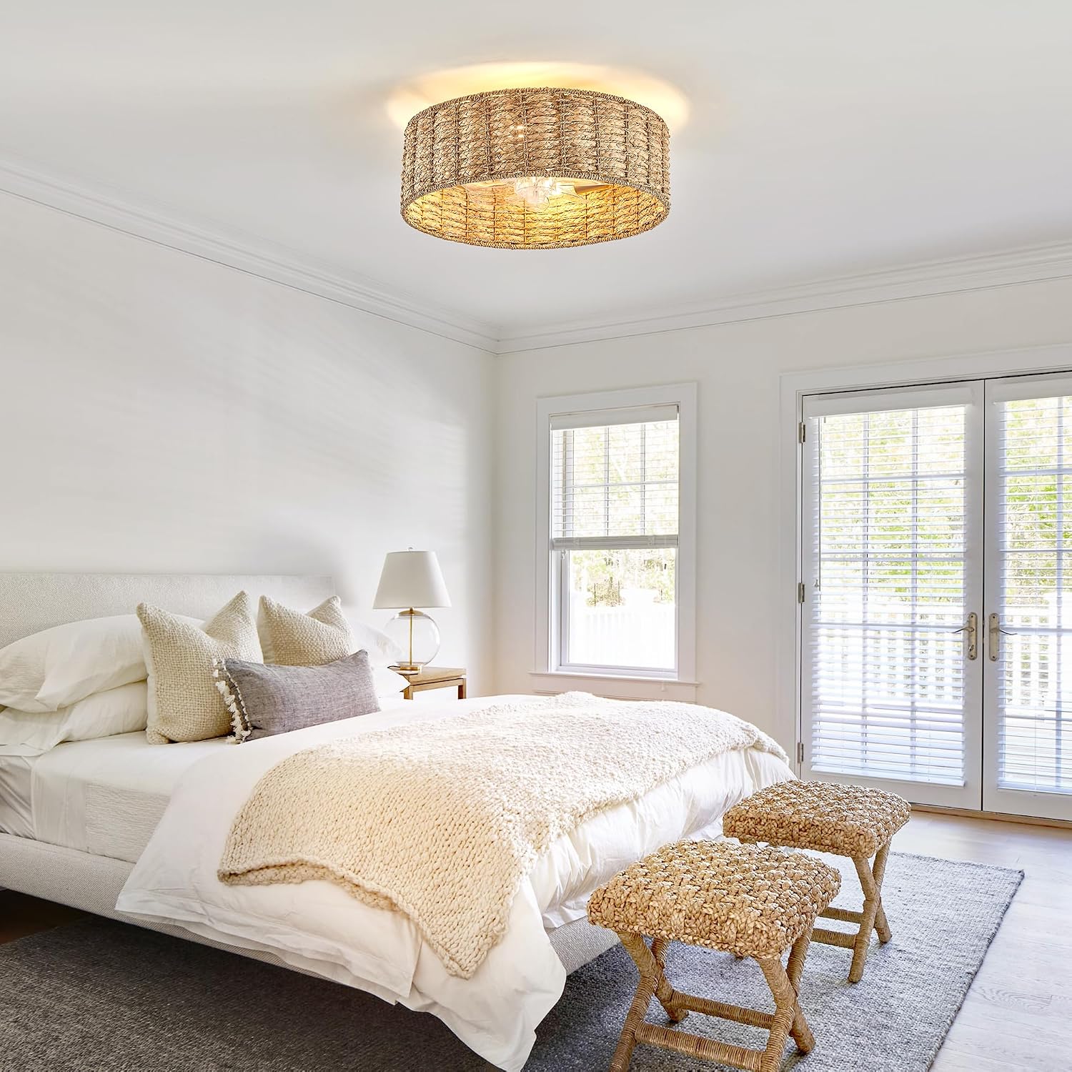 20' Fandelier Rattan Boho Ceiling Fans ，Rattan chandelier，Boho， Remote Control, 6 Speeds, Handwoven，also has 1 hour/2 hours/4 hours timer off function，for Bedroom, Living Room, Dining Room, Yoga Room
