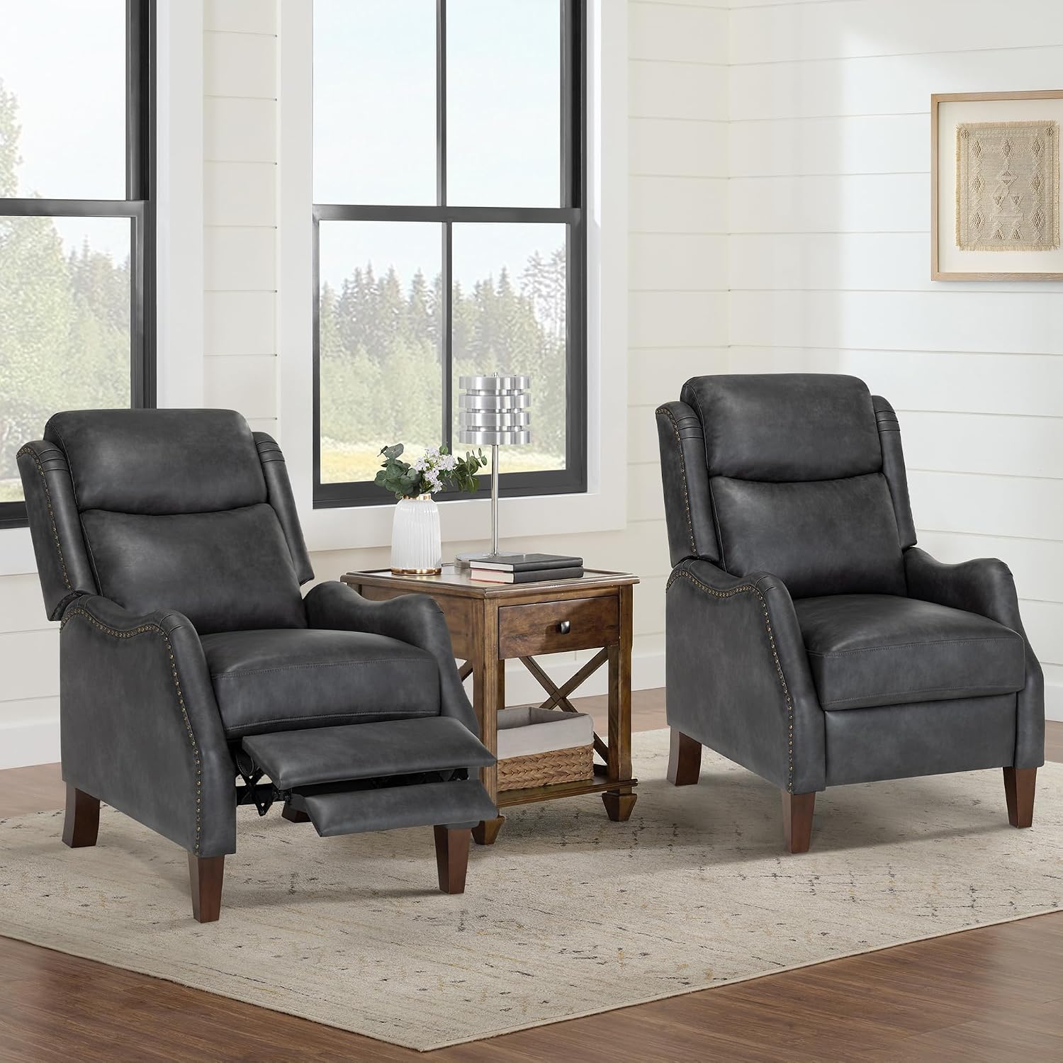 KISLOT Leather Pushback Recliner Faux Armchair with Rivet Decoration Single Sofa Accent Chair for Living Room Bedroom