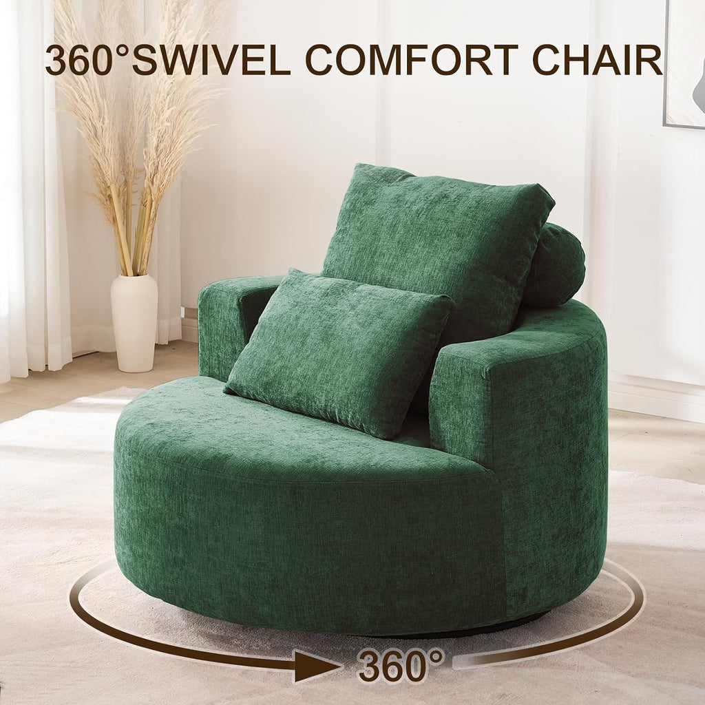 Furnimart Oversized Barrel Accent Chair, 360° Swivel Round Upholstered Sofa, Chenille High-Resilience Sponge, No Assembly Wide Seat for Living Room, Bedroom, Apartment (Green)