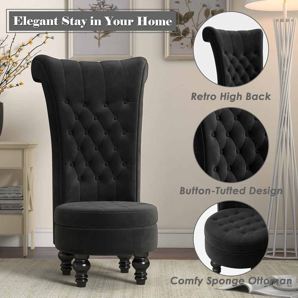 MU Retro High Back Armless Chair, Velvet Royal Furniture Chair, Upholstered Tufted Accent Seat for Living Room, Dressing Room, Bedroom, Black