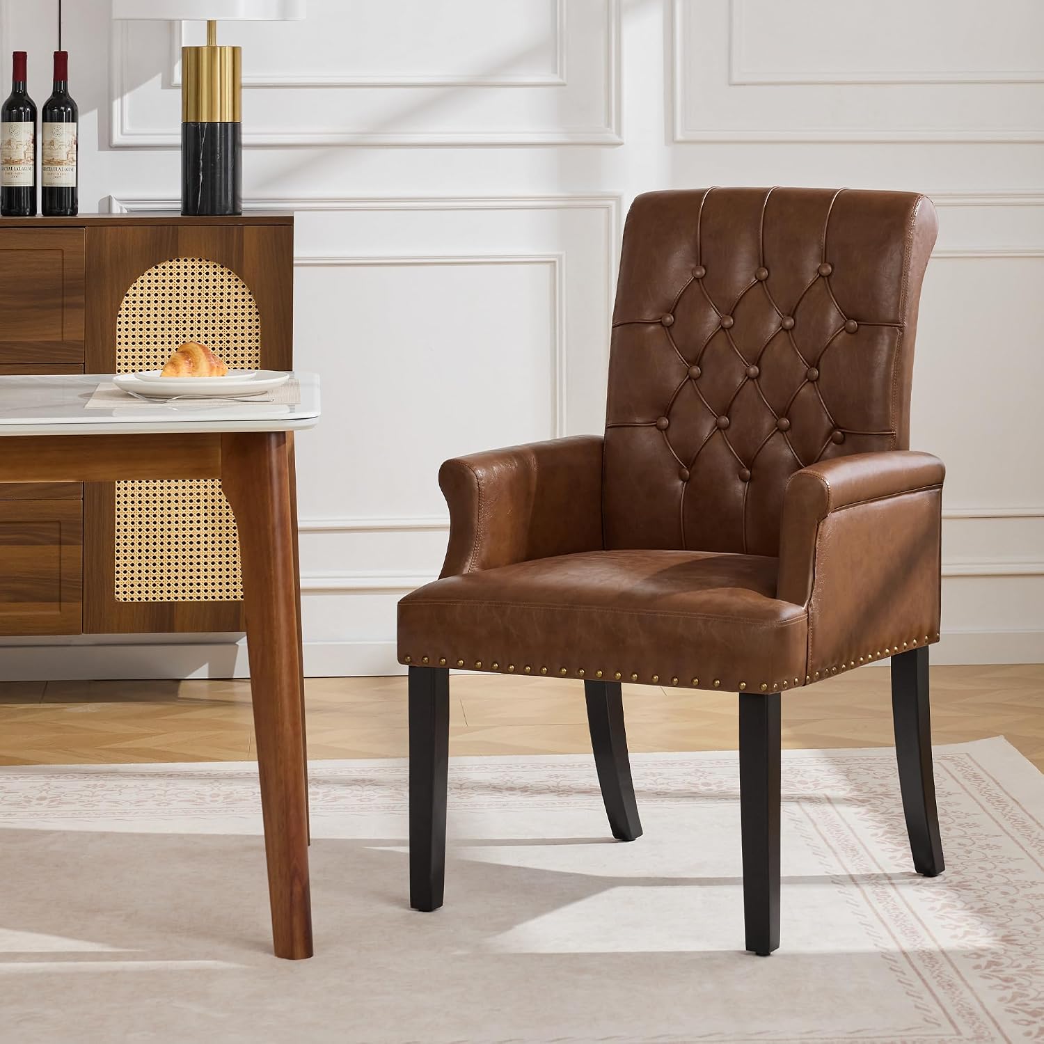 WUTUTUEE PU Leather Dining Chair with Arms, Upholstered Tufted High Back Dining Room Chairs, Accent Armchair with Solid Wood Leg and Nailhead Trim, Kitchen Dining Living Room, Coffee