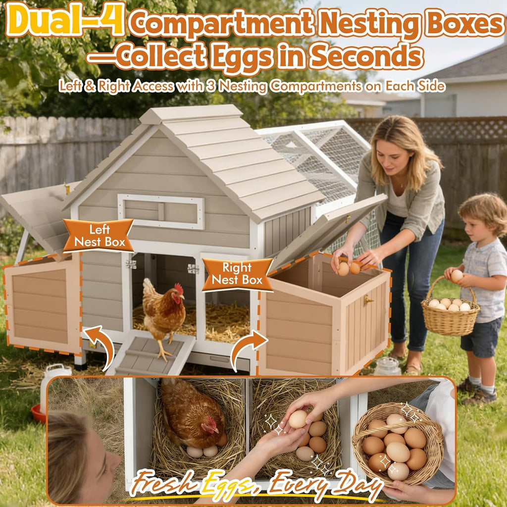 Ketive 83'L Large Chicken Coop with Run for 4–6 Chickens Wooden Backyard Hen House with Curved Roof, Peaked Run Top, 4 Reinforced Nesting Boxes, Swing Perch, Dual Ramp Doors,Slide-Out Tray,Expandable