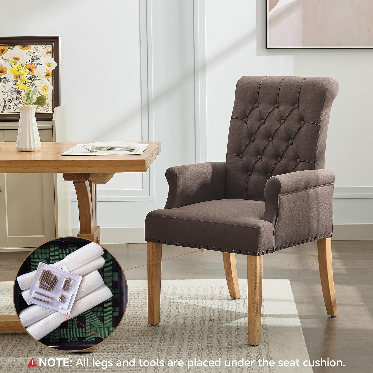 WUTUTUEE Fabric Dining Chair with Arms, Upholstered Tufted High Back Dining Room Chairs, Accent Armchair with Solid Wood Leg and Nailhead Trim, Kitchen Dining Living Room, Brown