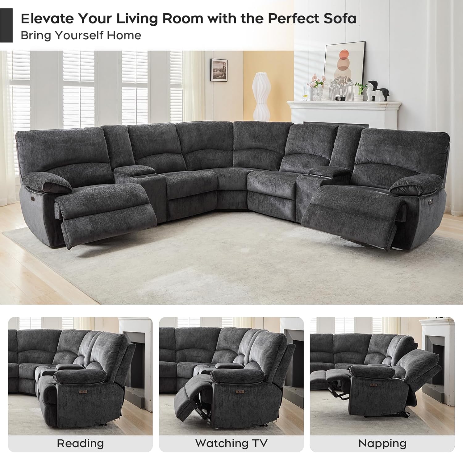 Oversized Power Recliner Sectional Sofa with Wireless Charger,Large Reclining Sectionals Couch Set with 2 Electric Chenille Recliner,USB Type-C,Storage Consloe for Living Room,32.6' Seat Width,Gray