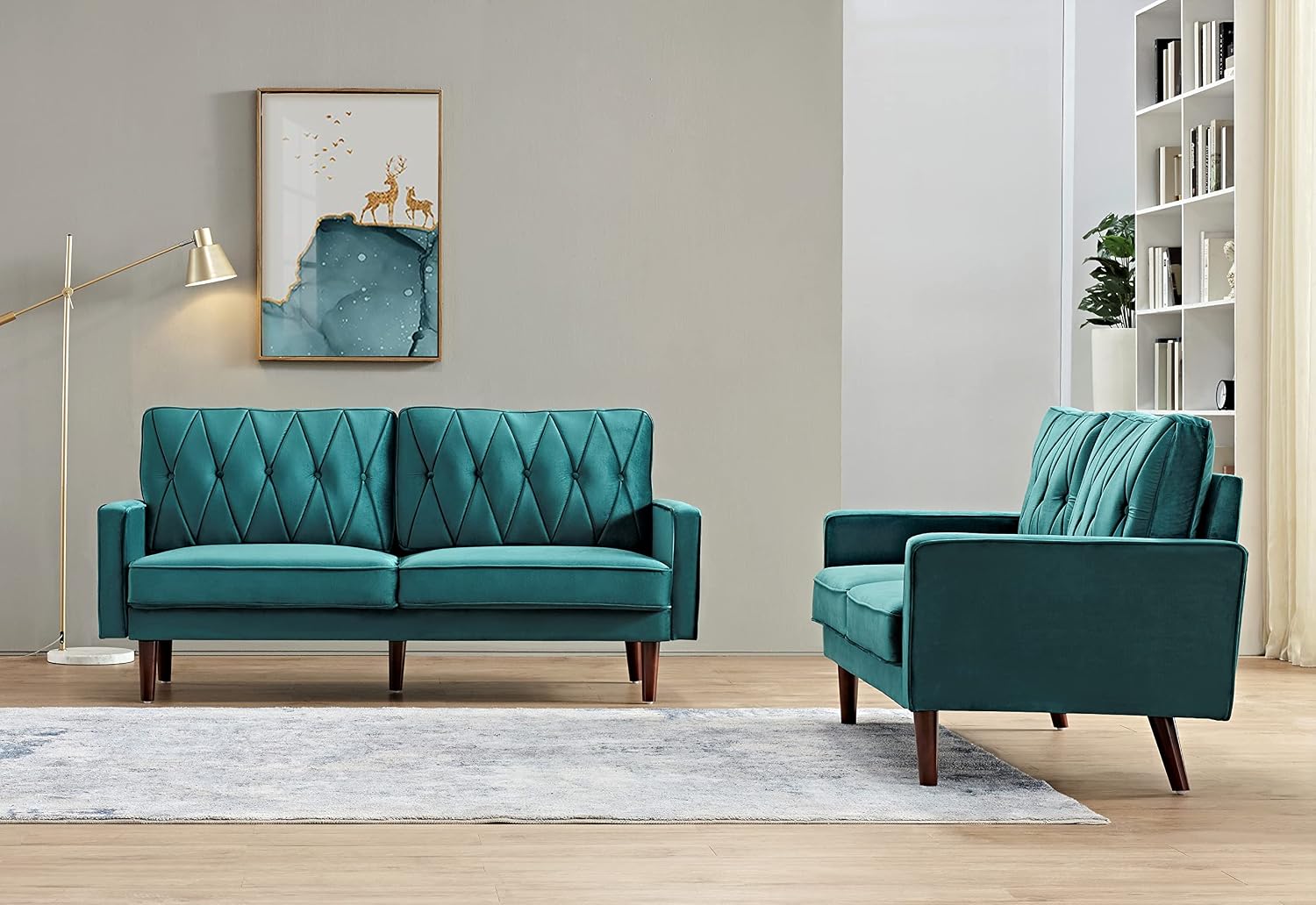Container Furniture Modern Style Tufted Velvet Couches for Living Room with Soft Fabric Upholstery and Solid Wood Frame, 2 Piece Sofa and Loveseat Set, Green