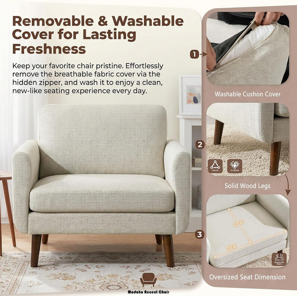 Oversized Accent Chair for Living Room, 37' Mid-Century Modern Comfy Reading Chair, Linen Fabric Solid Wood Frame Armchair, Upholstered Oatmeal Bedroom Accent Chairs Set of 2 for Adults