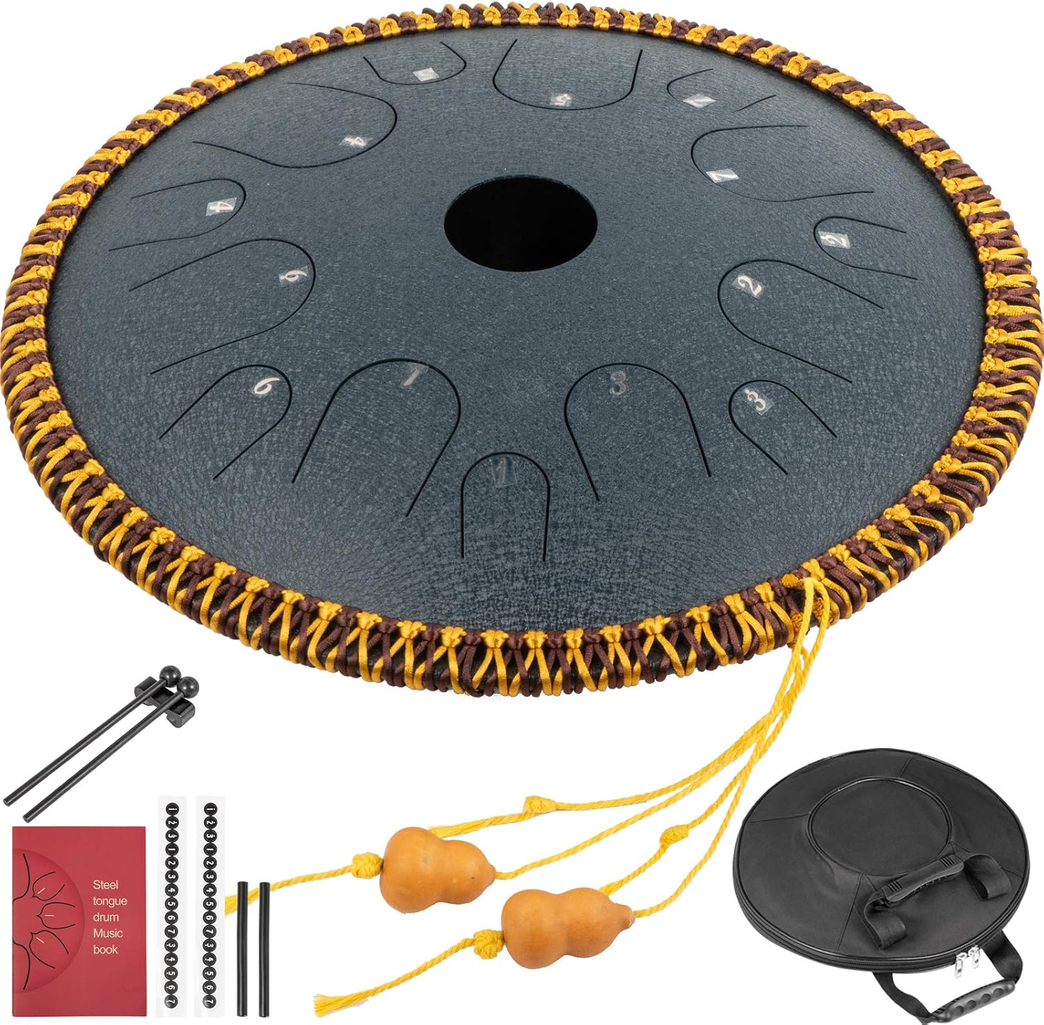 Happybuy Navy Blue Tongue Drum 14 Notes Dish Shape Drum 14 Inches Dia. Manual Percussion Pure Copper Steel Tongues 14 Notes Steel Tongue Handpan Drum with Rope Decoration and Mallets,Bag, Music Book