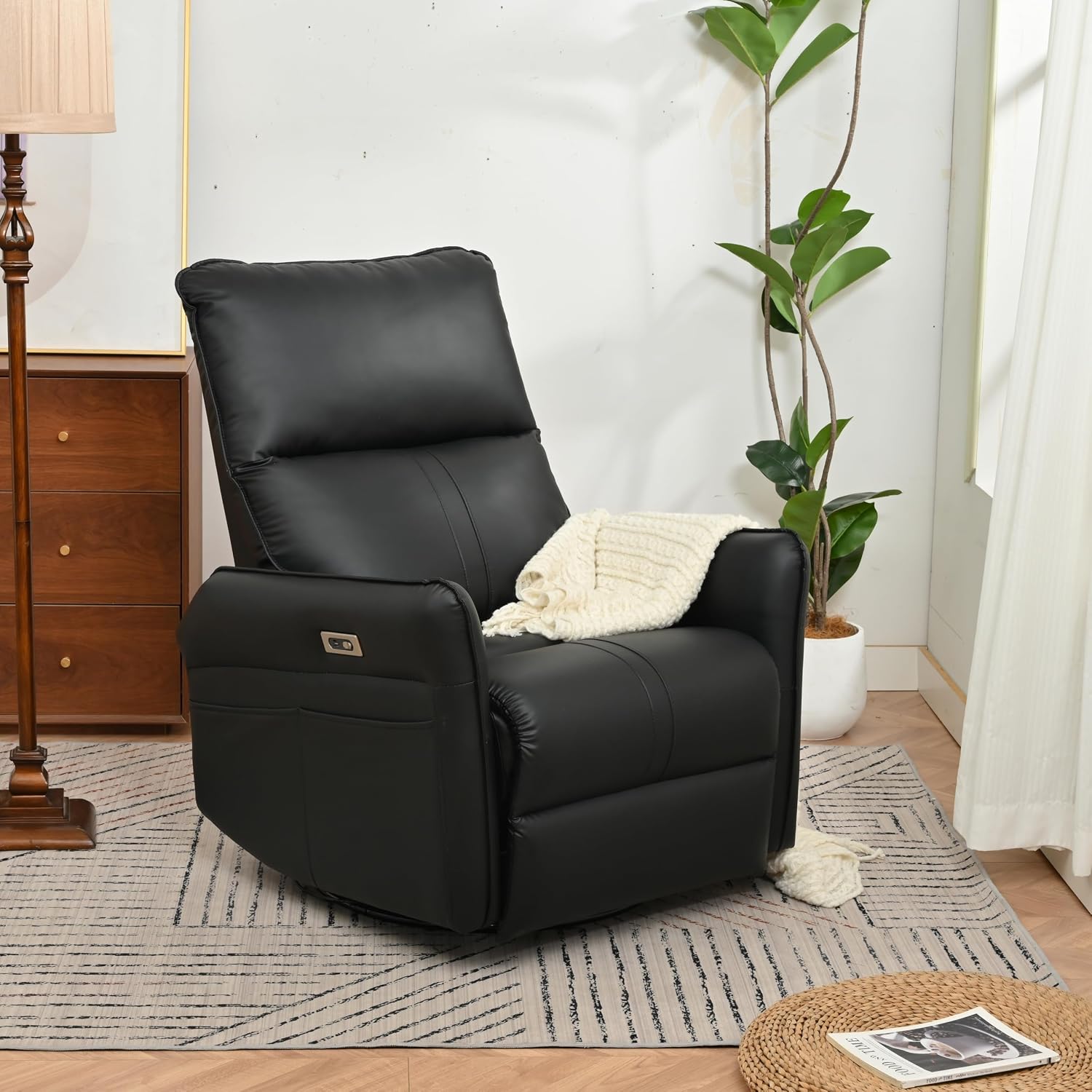 Ball & Cast Power Recliner Chair with USB and Type-c Ports,Swivel Rocker Recliner Sofa W/Padded Backrest,Infinite Position Power Lift Chair,for Living Room,Bedroom,Home Theaters,Black