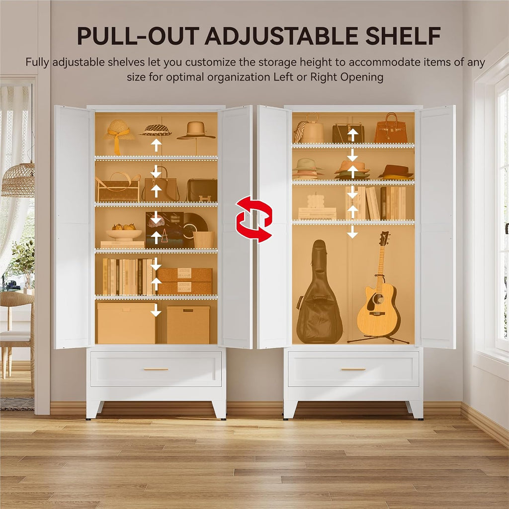 71' Tall Kitchen Pantry Cabinet,Farmhouse Pantry Cabinet,Metal Cabinet with Adjustable Shelves and Drawer,Storage Cabinet for Kitchen Dining Room Garage,White 1 Pack