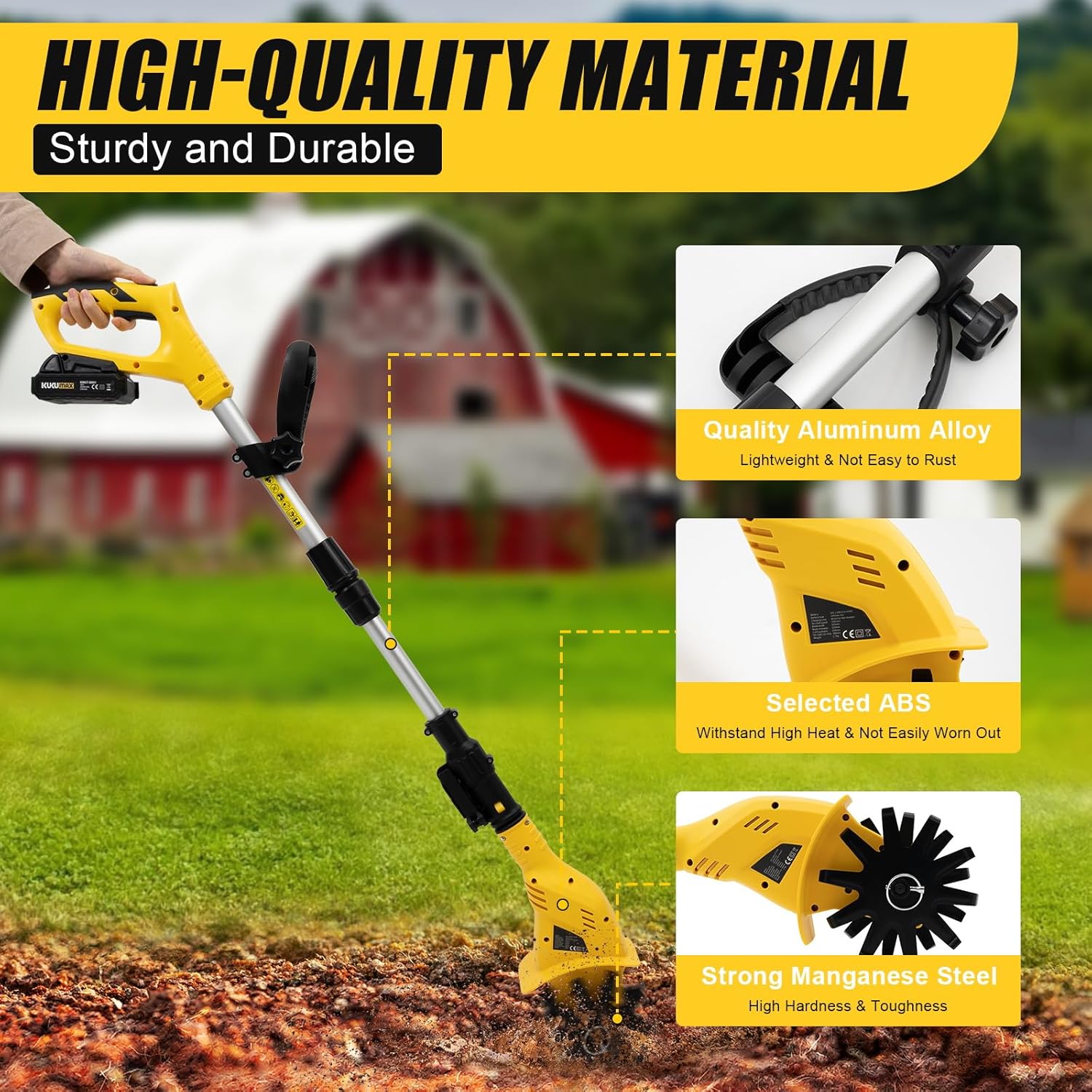 20V Cordless Tiller Cultivator with Steel Tines, Battery Powered Electric Garden Cultivator with 3-4FT Extendable Pole, Handheld Mini Tiller for Gardening, 6.3' Depth 4' Width