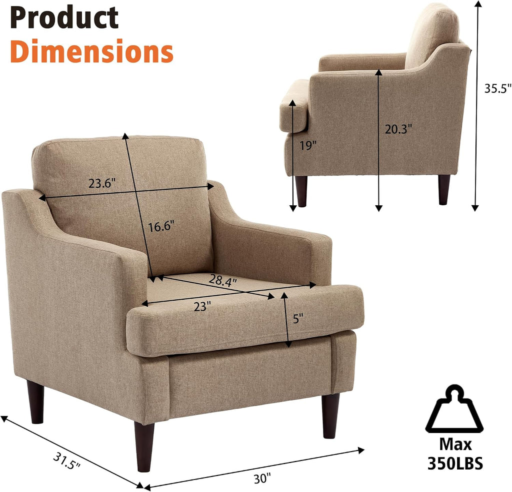 Ketaiyou Mid-Century Accent Chair Modern Linen Fabric Armchair for Living Room,Comfy Upholstered Reading Chairs for Bedroom,Single Sofa Chair with Wood Legs (Khaki, Set of 1)