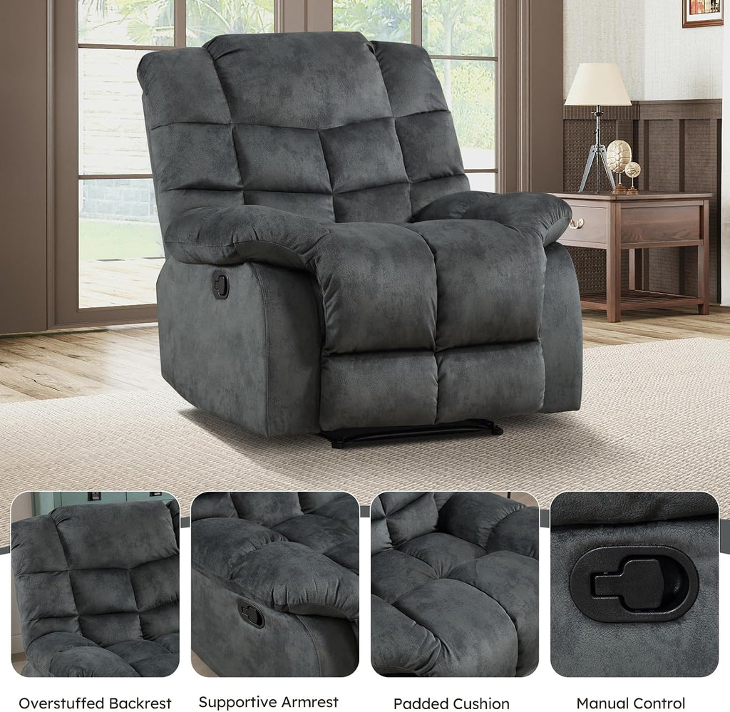 EBELLO Manual Recliner Chair, Overstuffed Reclining Sofa with Soft Padded Headrest and Armrest, Soft Fabric Single Couch for Living Room, Grey Green
