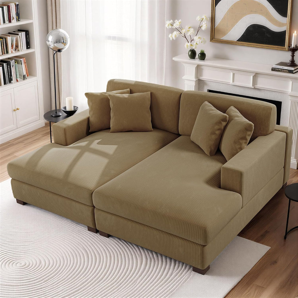 Chaise Lounge Chair Indoor, Oversized Upholstered Sofa Bed for Living Room, Corduroy Sleeper Couch Comfy Recliner Bedroom Reading Seat - Camel, Left Armrest