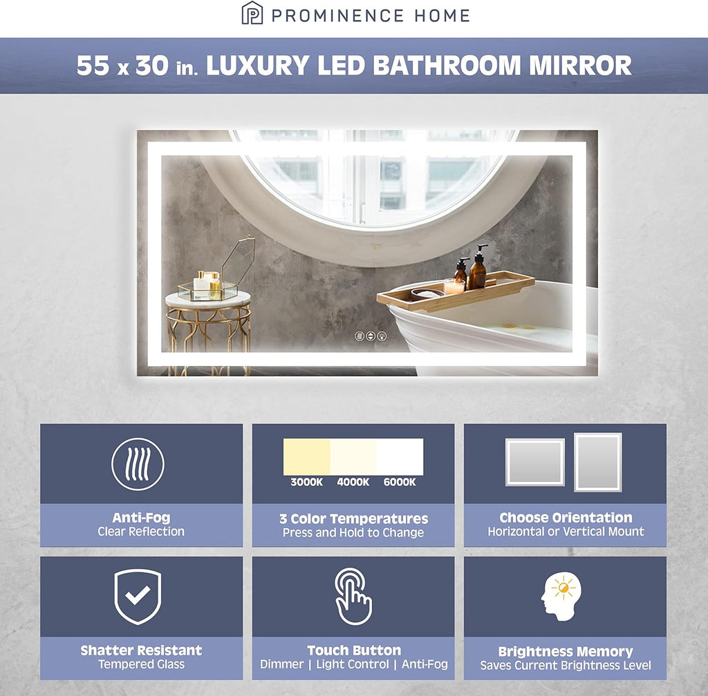 Prominence Home Luxury LED Bathroom/Wall Mirror with Front and Back Light, Anti-Fog, Shatter-Resistant and Adjustable Light Settings, 55 in x 30 in