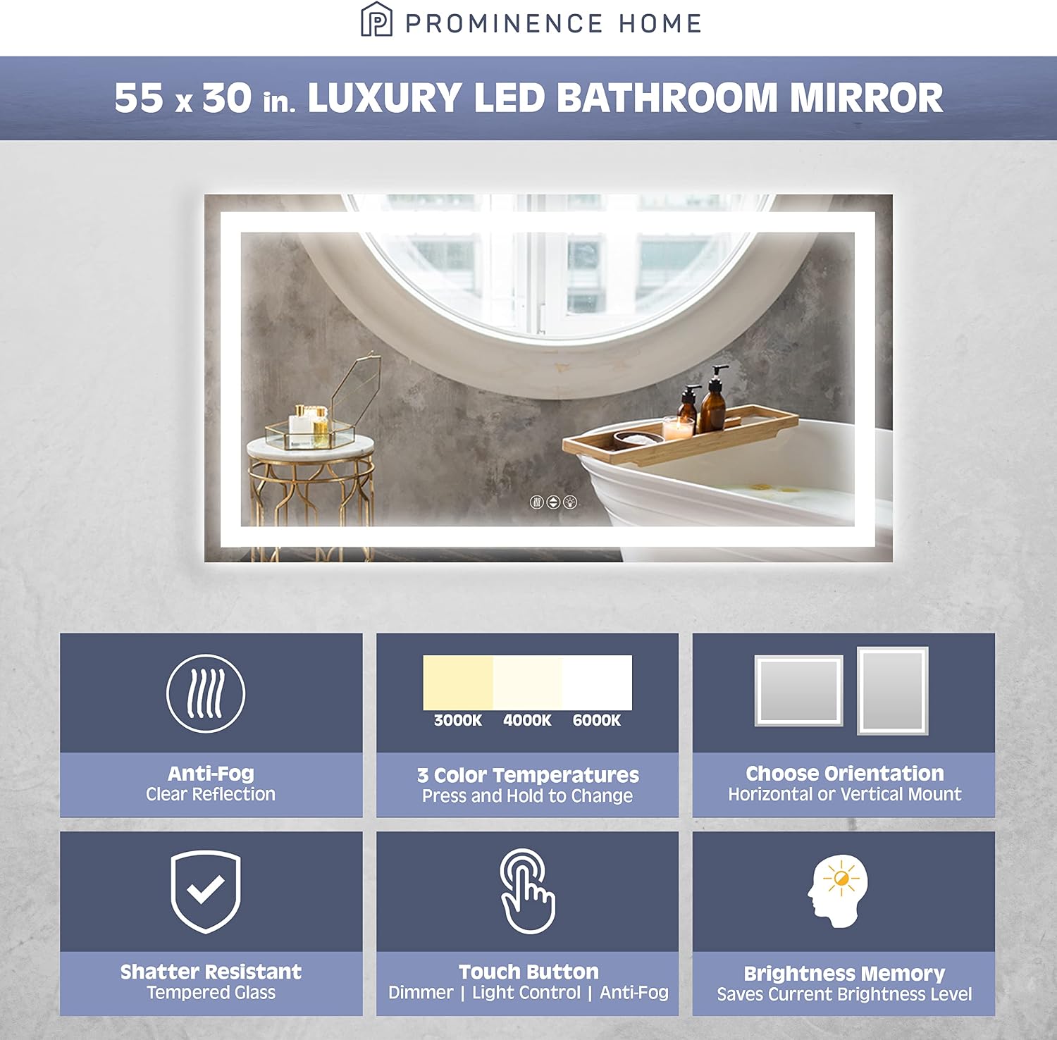 Prominence Home Luxury LED Bathroom/Wall Mirror with Front and Back Light, Anti-Fog, Shatter-Resistant and Adjustable Light Settings, 55 in x 30 in
