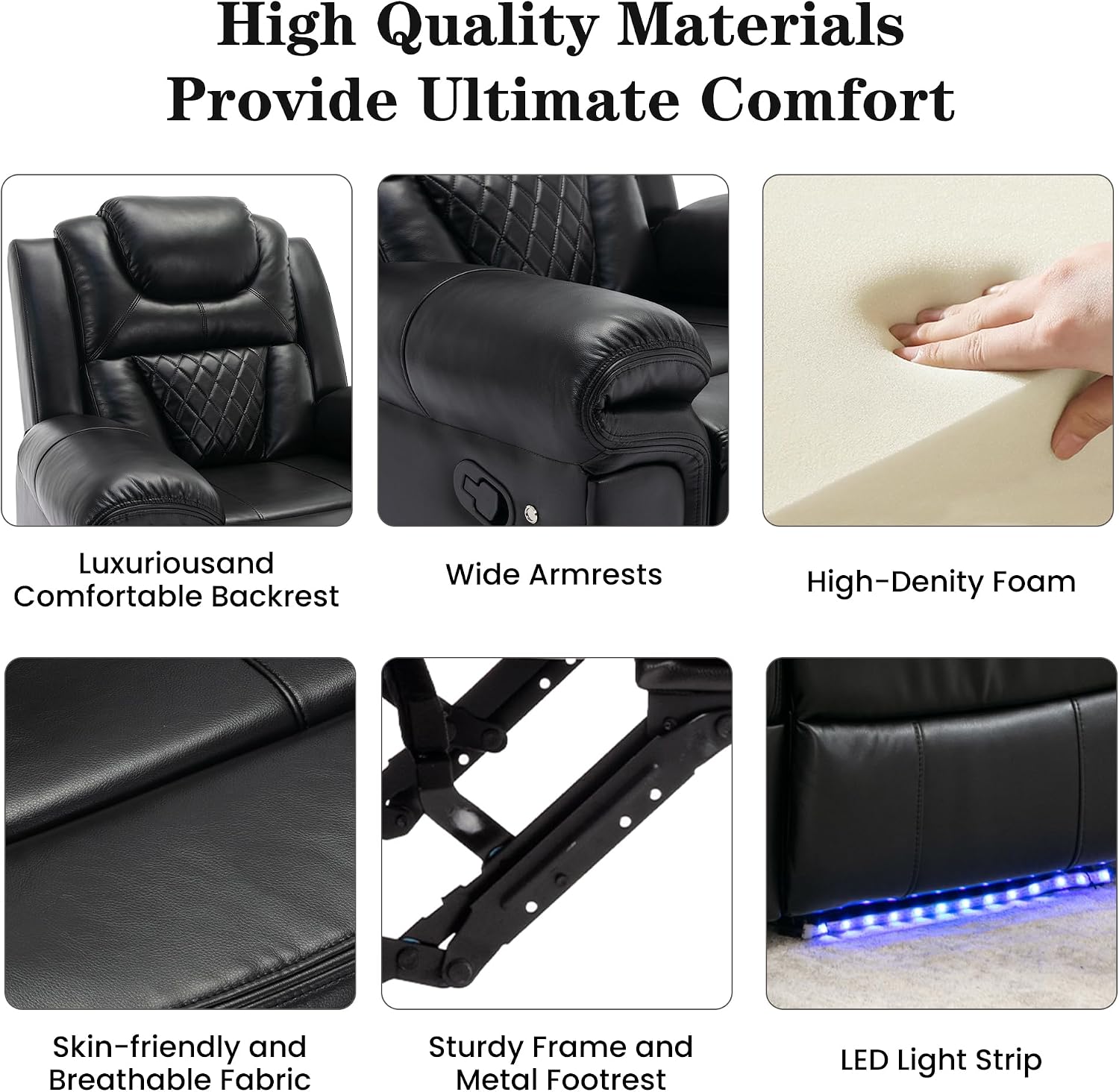 Merax Recliner Chairs Home Theater Seating, with Center Console, Cup Holders, USB Ports, Power Sockets, LED Light Strip