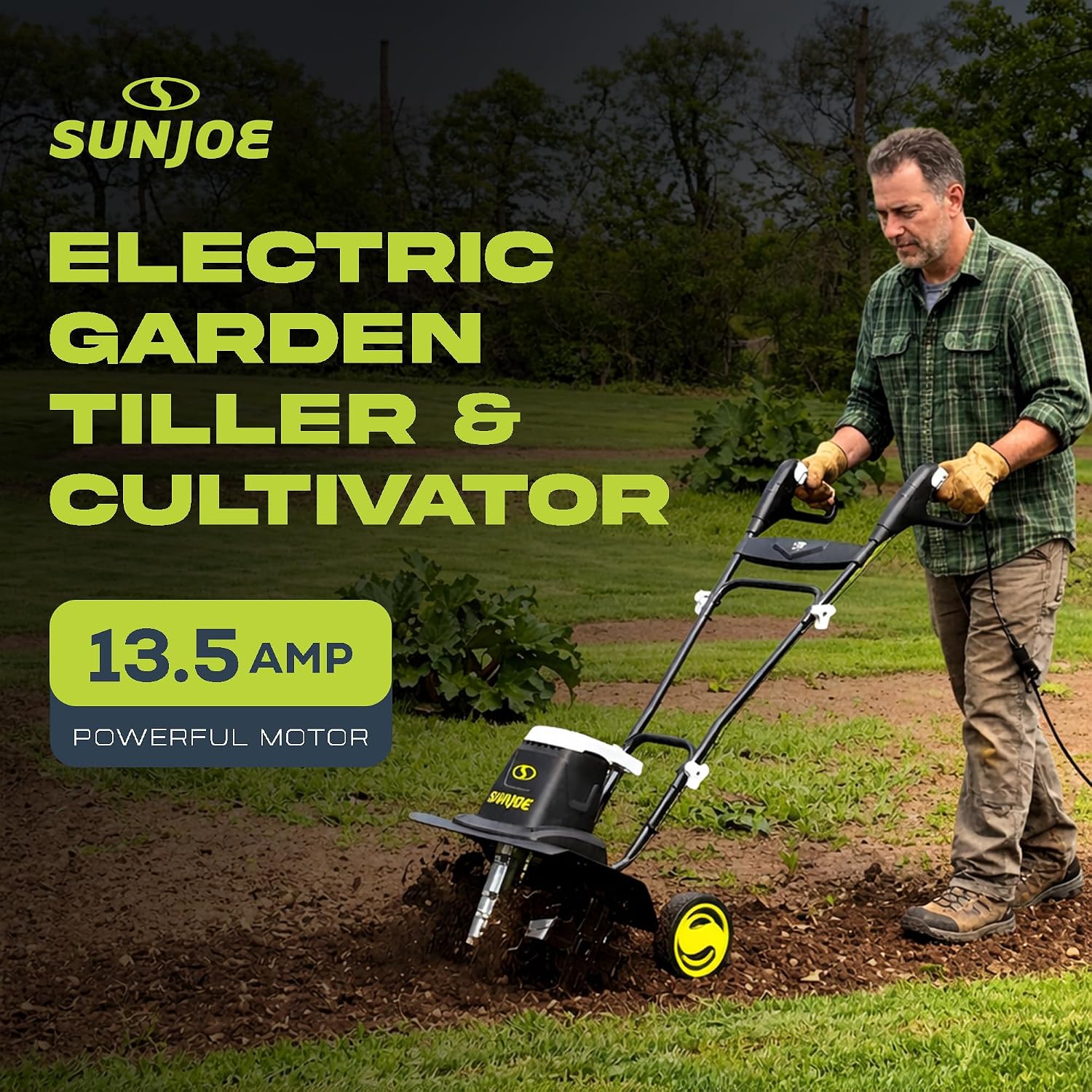 Sun Joe Corded Electric Garden Tiller & Cultivator with Steel Tines, 16', 13.5-Amp Motor - Heavy-Duty Tilling Machine for Lawn, Yard, and Gardening Care, TJ604E